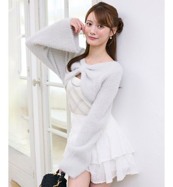  「&infin;リボンボレロドッキングニット」|ニット・セーター|グレー柄