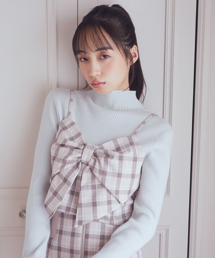 earth music&ecology「リボンドレープビスチェ」|ベスト・ジレ|チェックブラウン