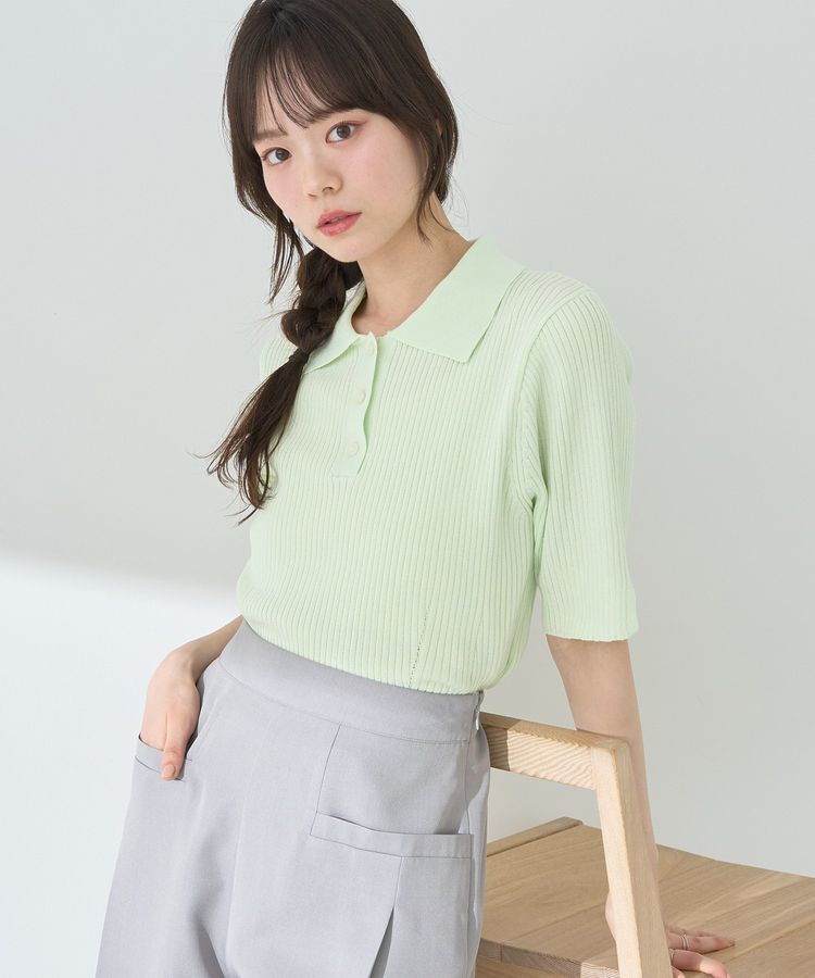 earth music&ecology「半袖ポロニットプルオーバー」|ニット・セーター|Mint Green