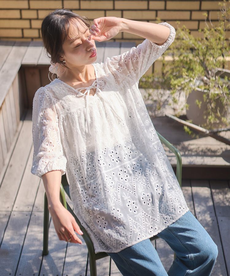 earth music&ecology「パフスリーブ楊柳刺繍チュニック」|チュニック|