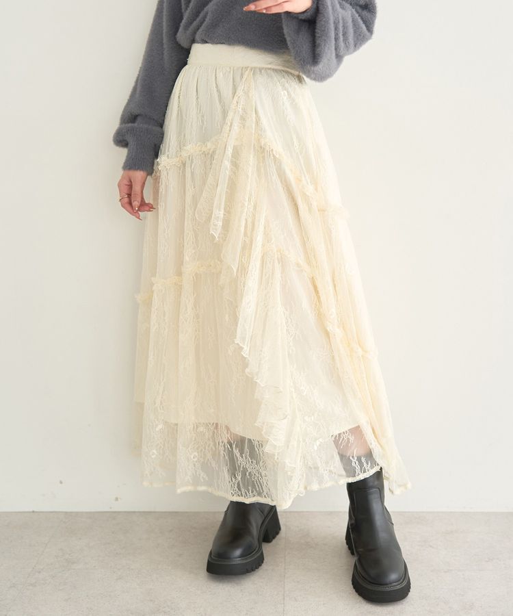 earth music&ecology「レースフリルティアードスカート」|フレア|
