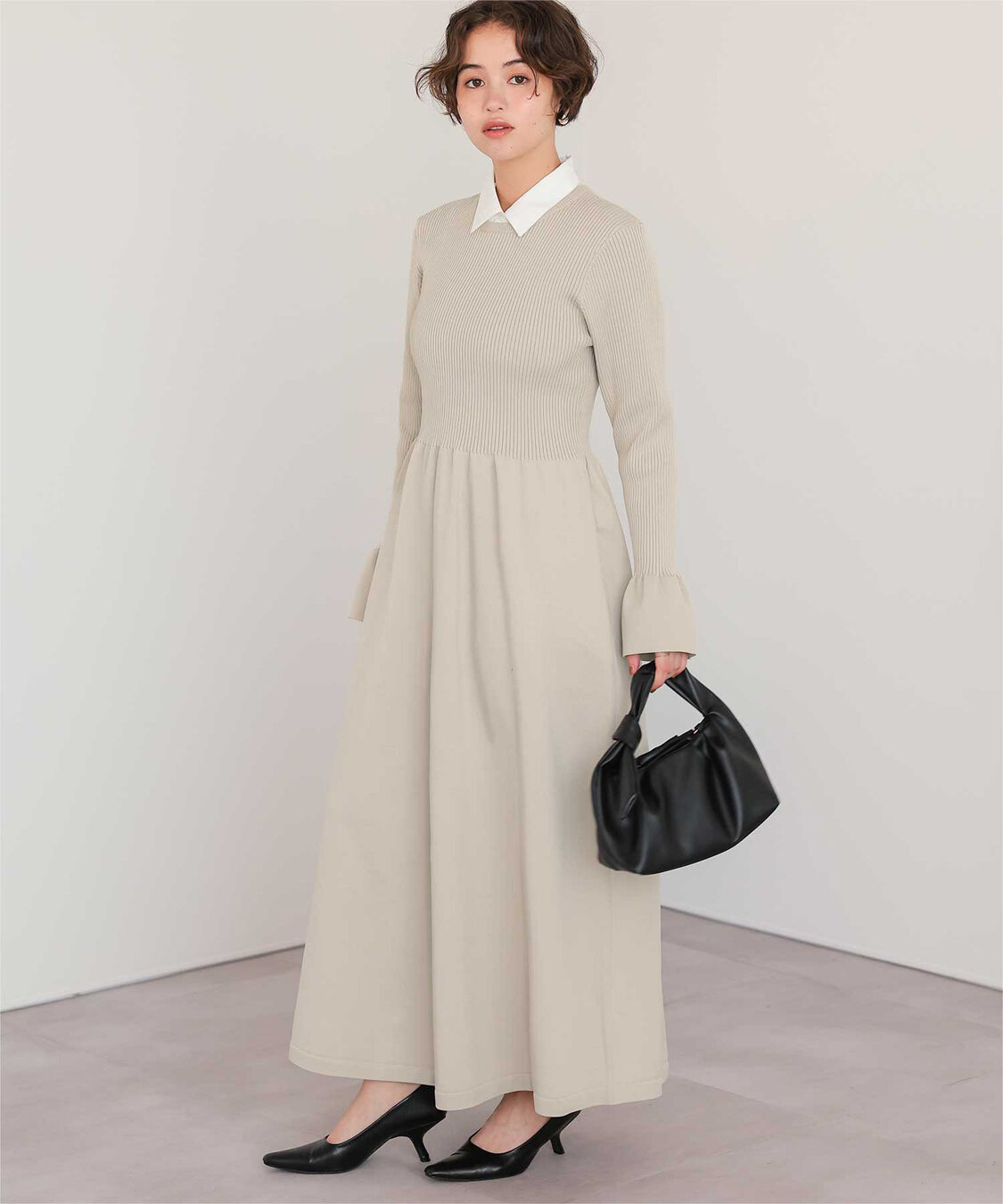 titivate「襟付きボリュームスカートニットワンピース」|ワンピース|グレージュ2