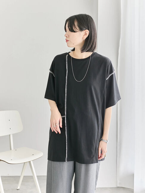 Samansa Mos2 blue「◎【接触冷感】切替ステッチチュニック」|Tシャツ・カットソー|