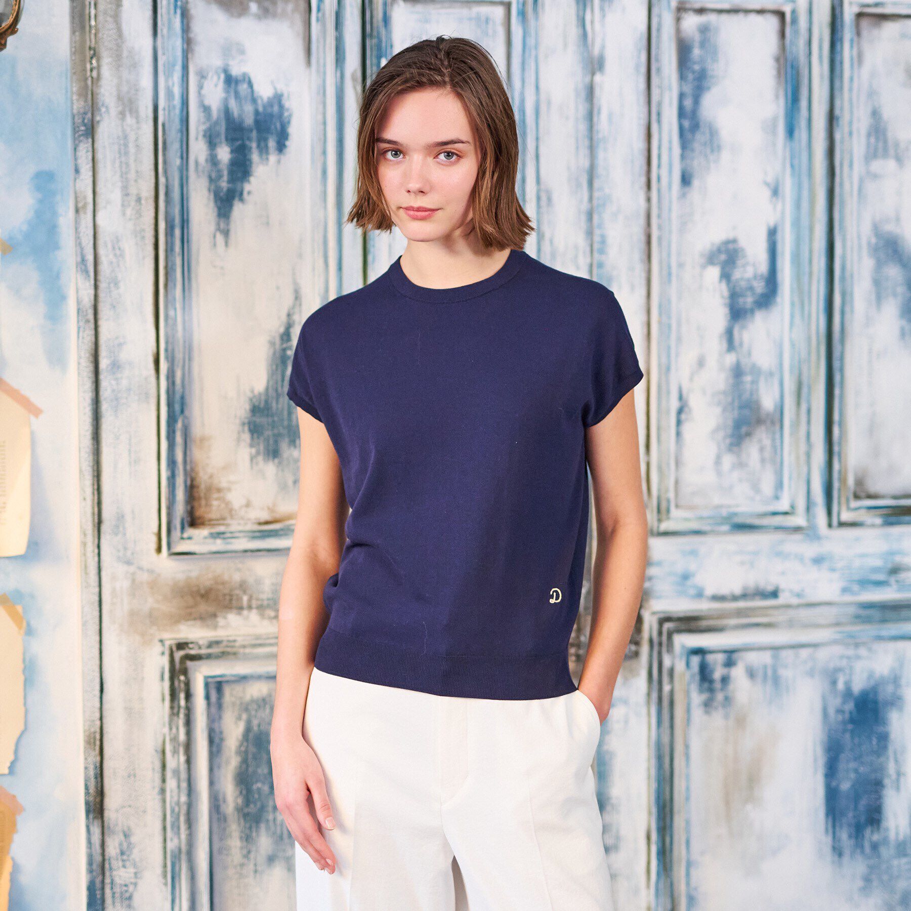 DRESSTERIOR「【定番/洗える】コットンシルク混フレンチスリーブニット」|ニット・セーター|ネイビー(094)