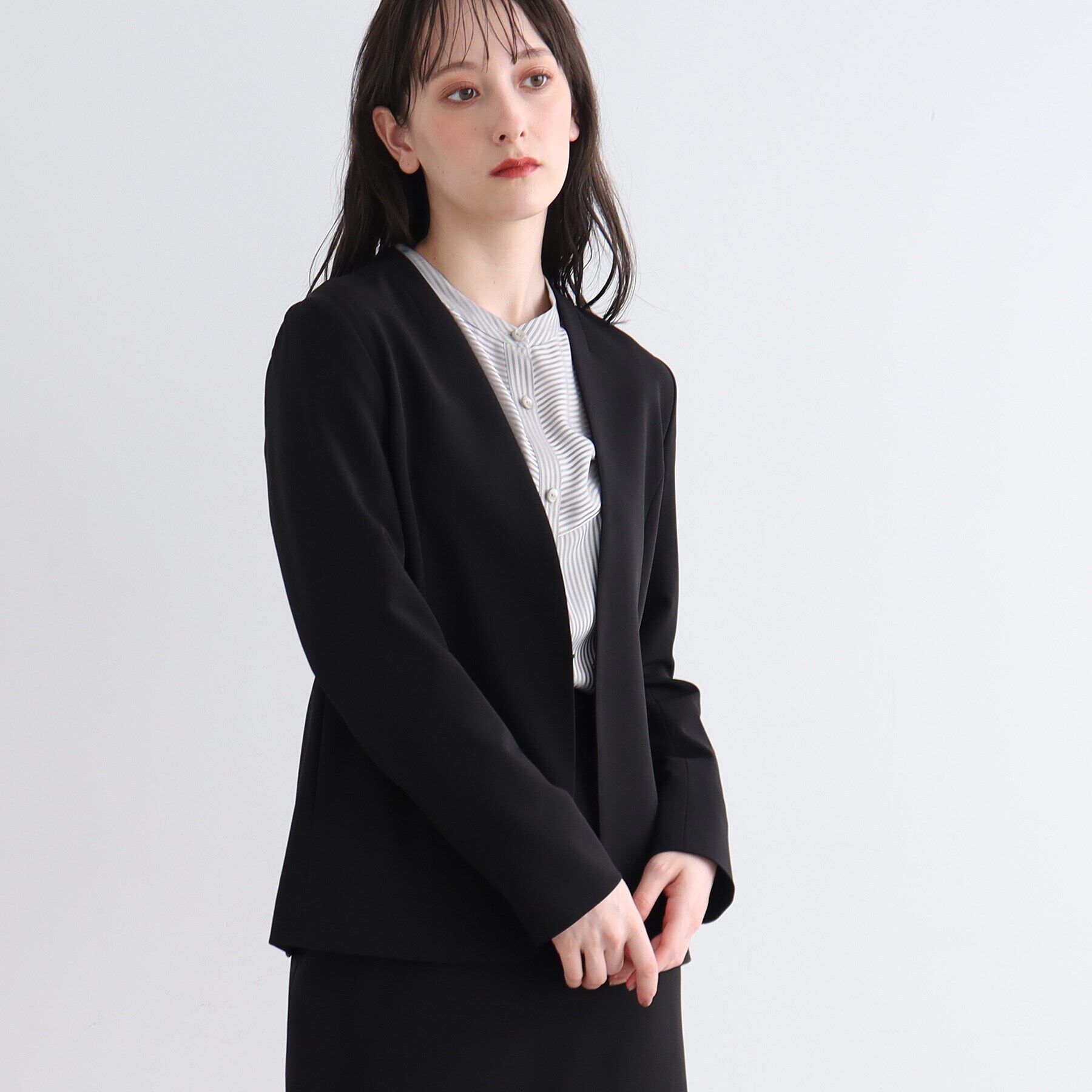 INDIVI「【洗える/UVケア/エコ/日本製】ストレッチノーカラージャケット」|スーツ|