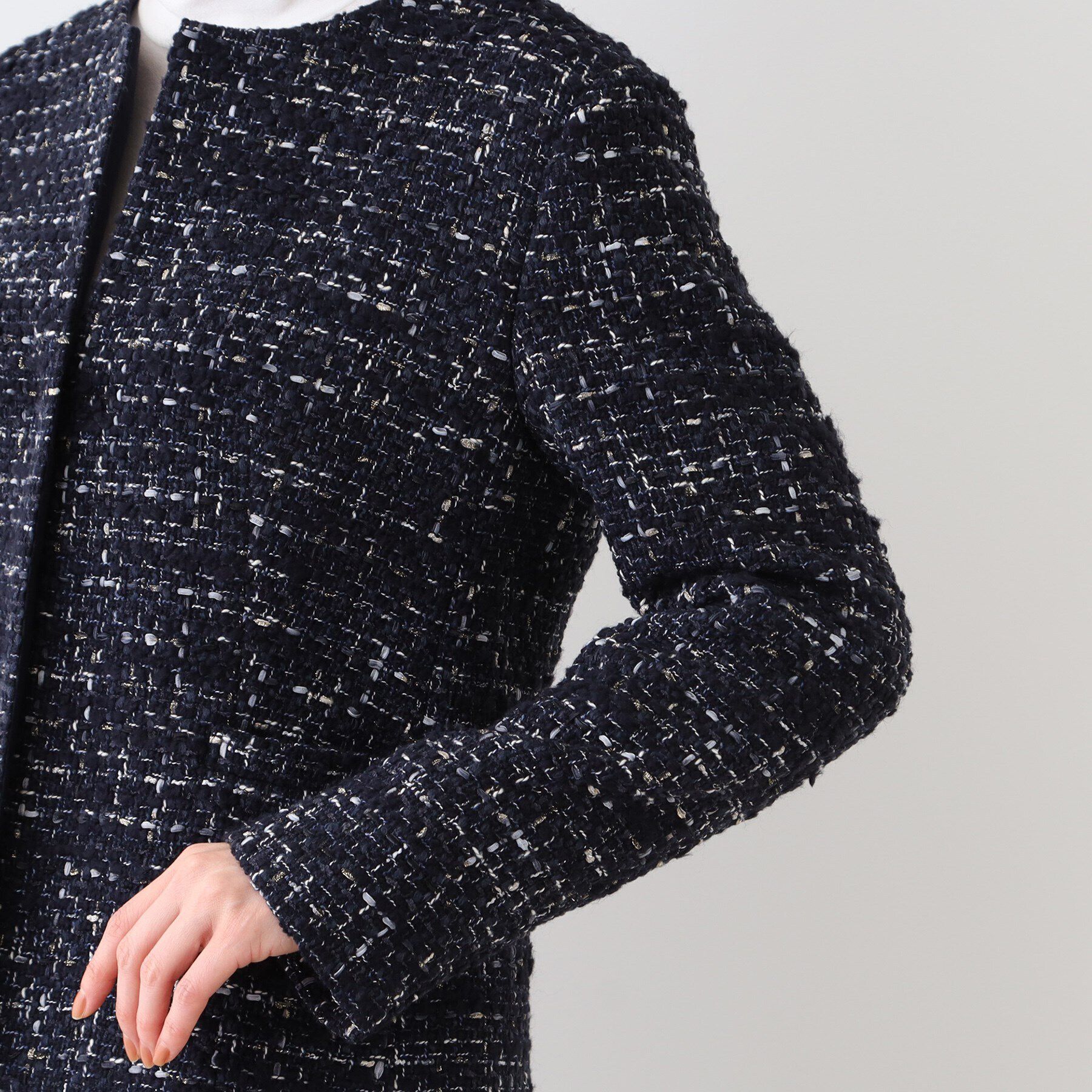 INDIVI「【日本製／SETUP可能／インポート素材】ラメ混ツイードノーカラージャケット」|ノーカラージャケット|