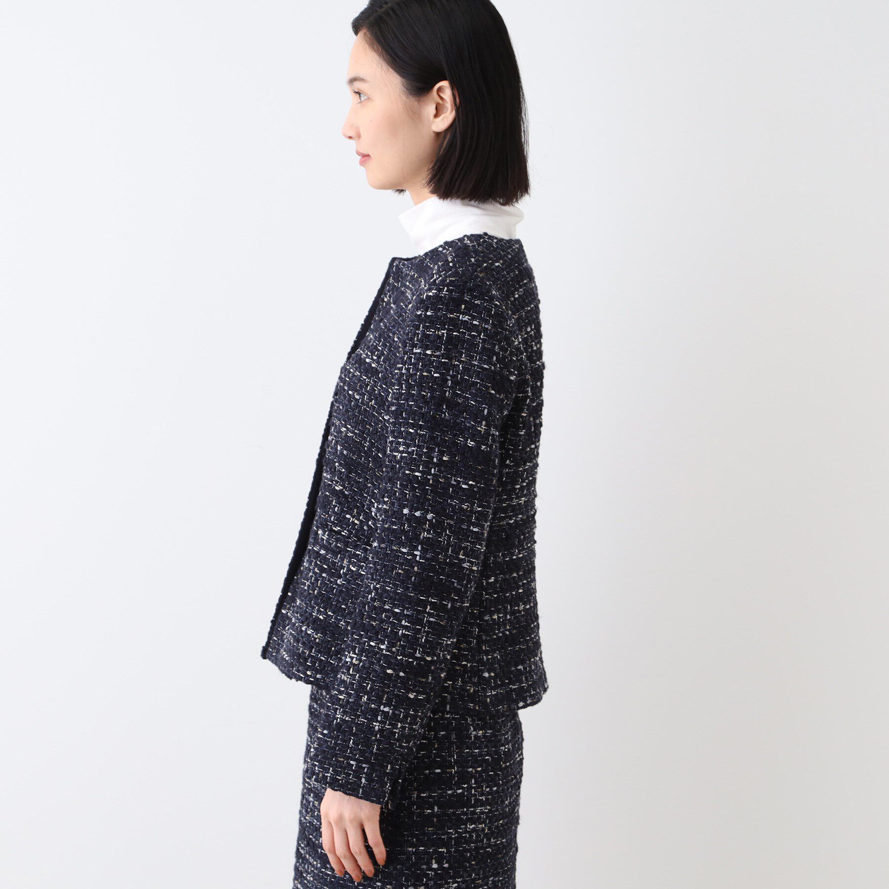 INDIVI「【日本製／SETUP可能／インポート素材】ラメ混ツイードノーカラージャケット」|ノーカラージャケット|
