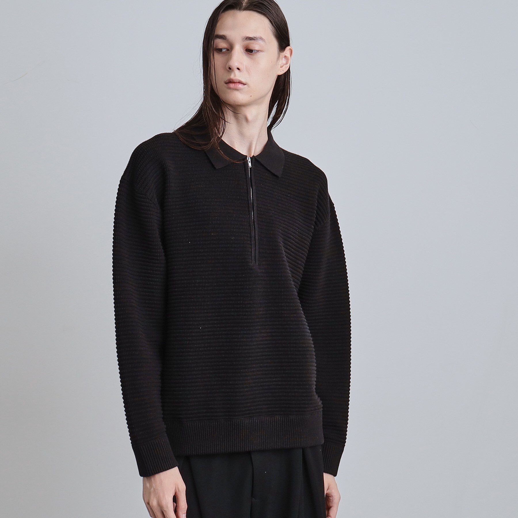 tk.TAKEO KIKUCHI「ハーフジップニットポロシャツ」|ニット・セーター|ブラック(019)