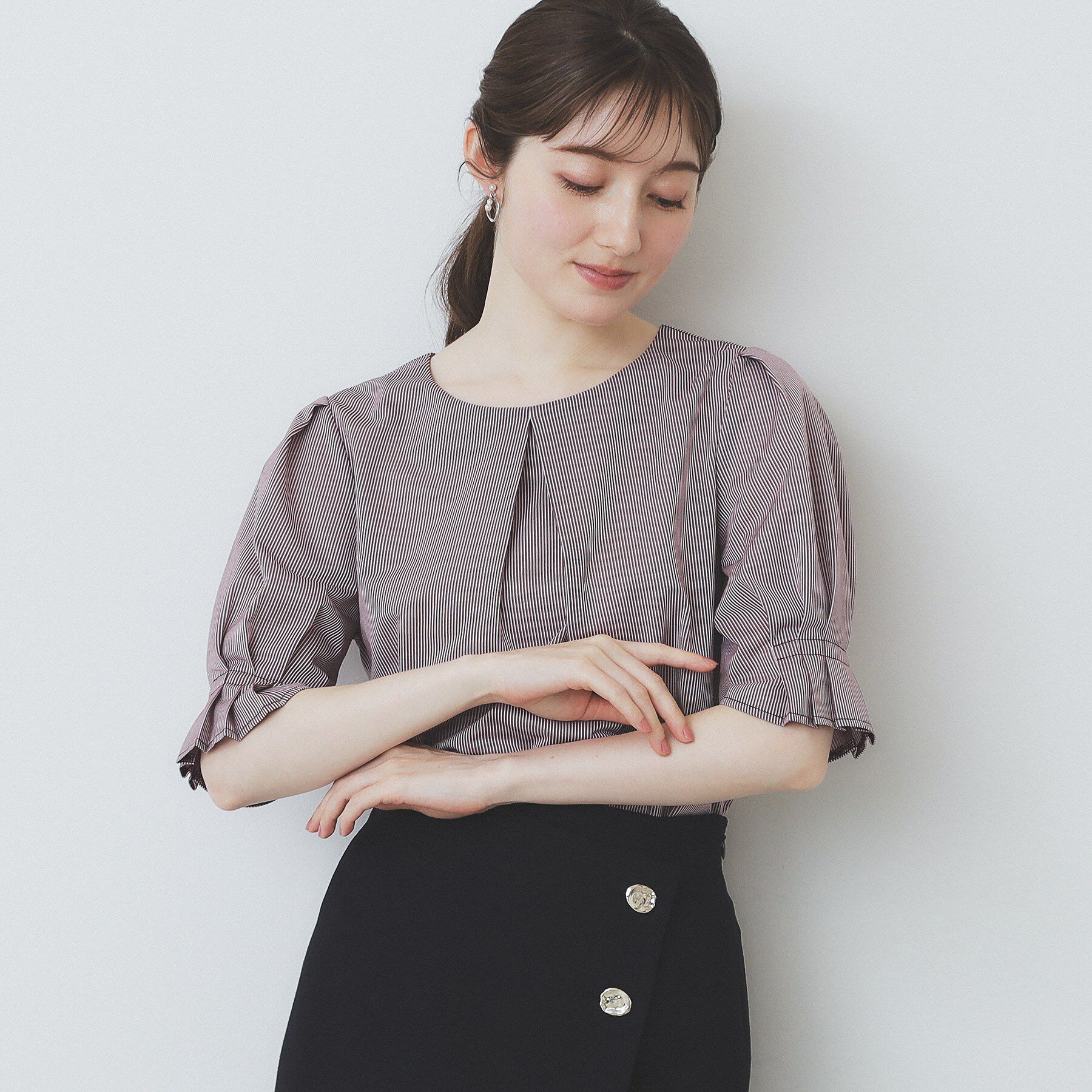 index「ストライプジャージタックスリーブトップス【吸水速乾/洗濯機洗い可】」|Tシャツ・カットソー|