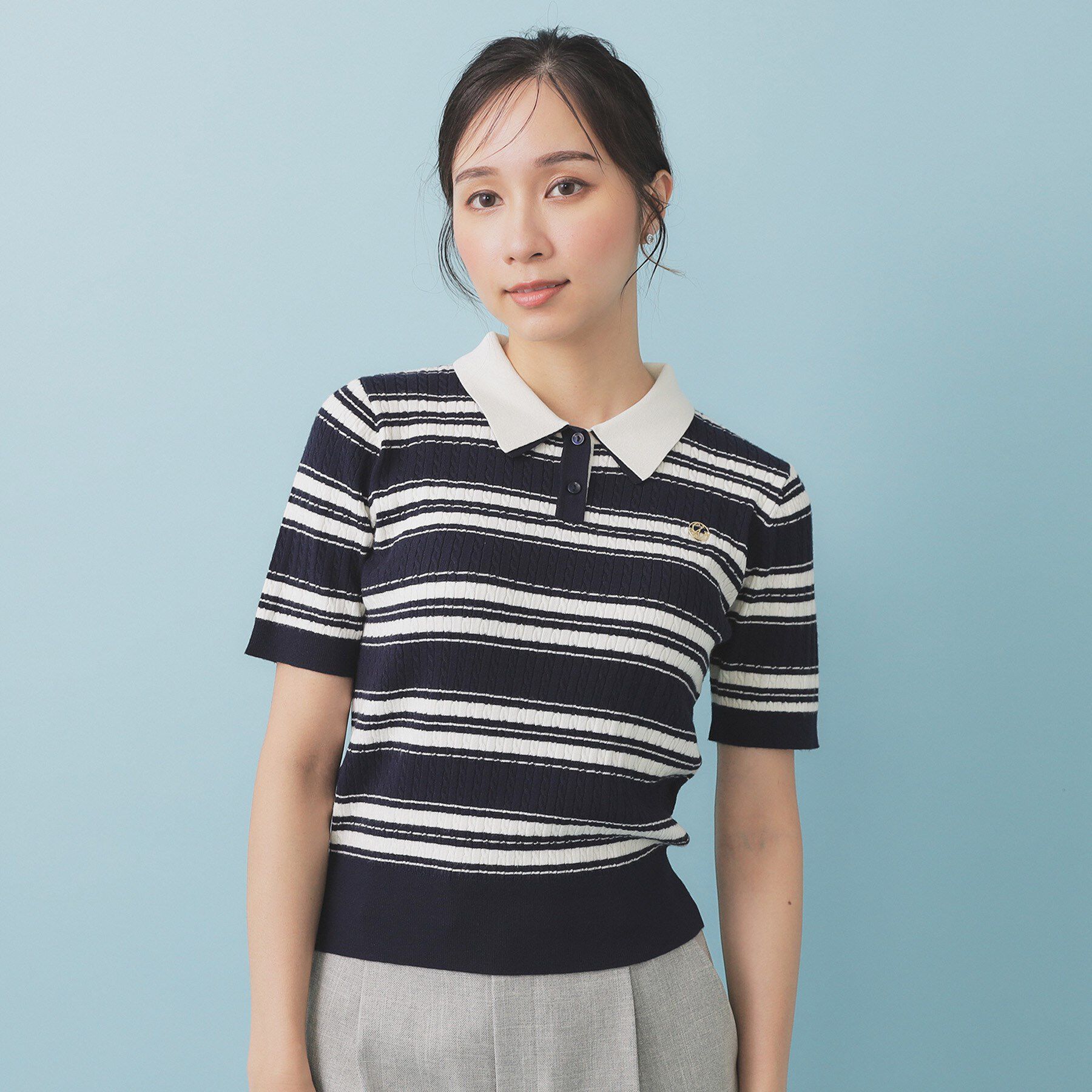 index「ランダムボーダーケーブルポロニット【洗濯機洗い可/抗ピル】」|ニット・セーター|