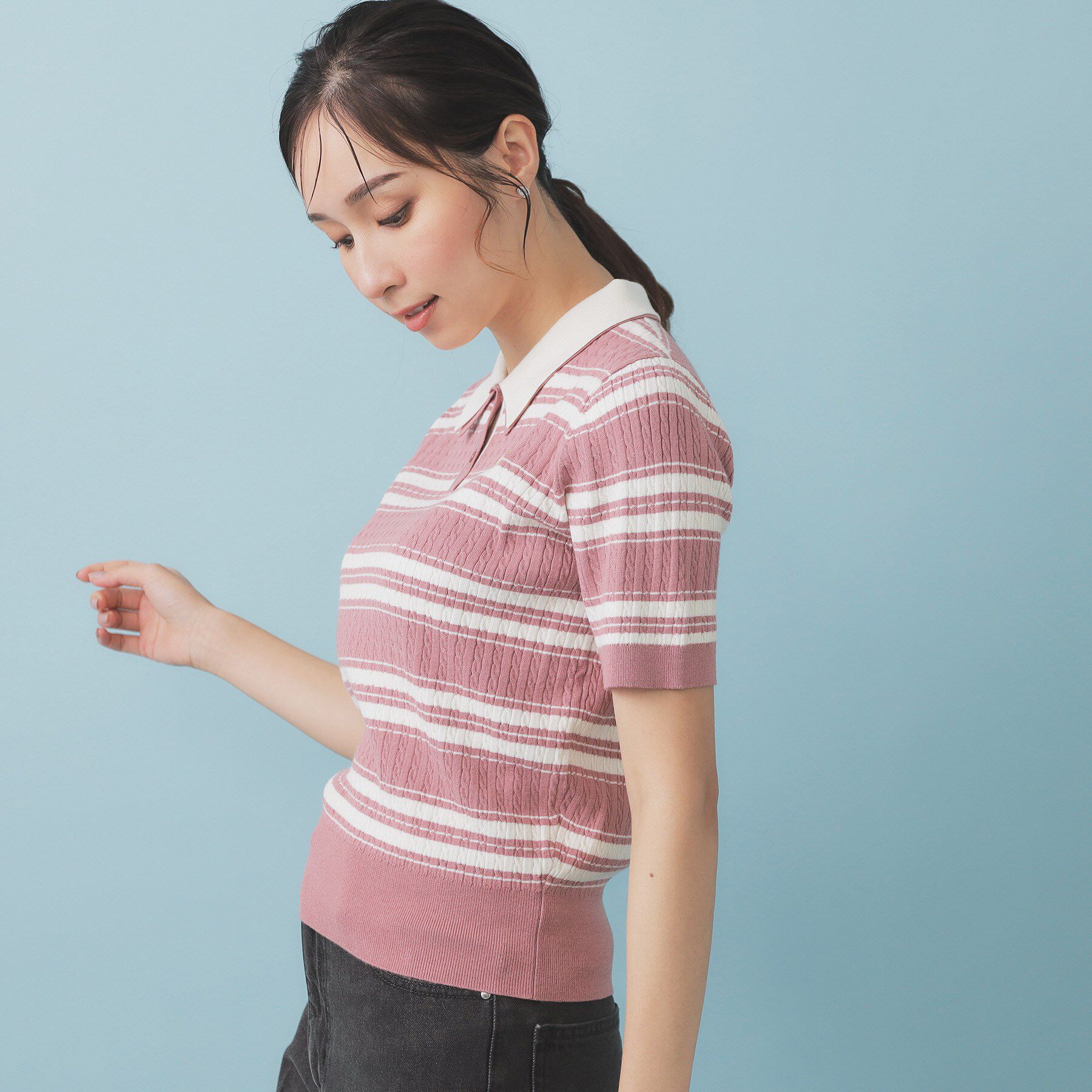 index「ランダムボーダーケーブルポロニット【洗濯機洗い可/抗ピル】」|ニット・セーター|