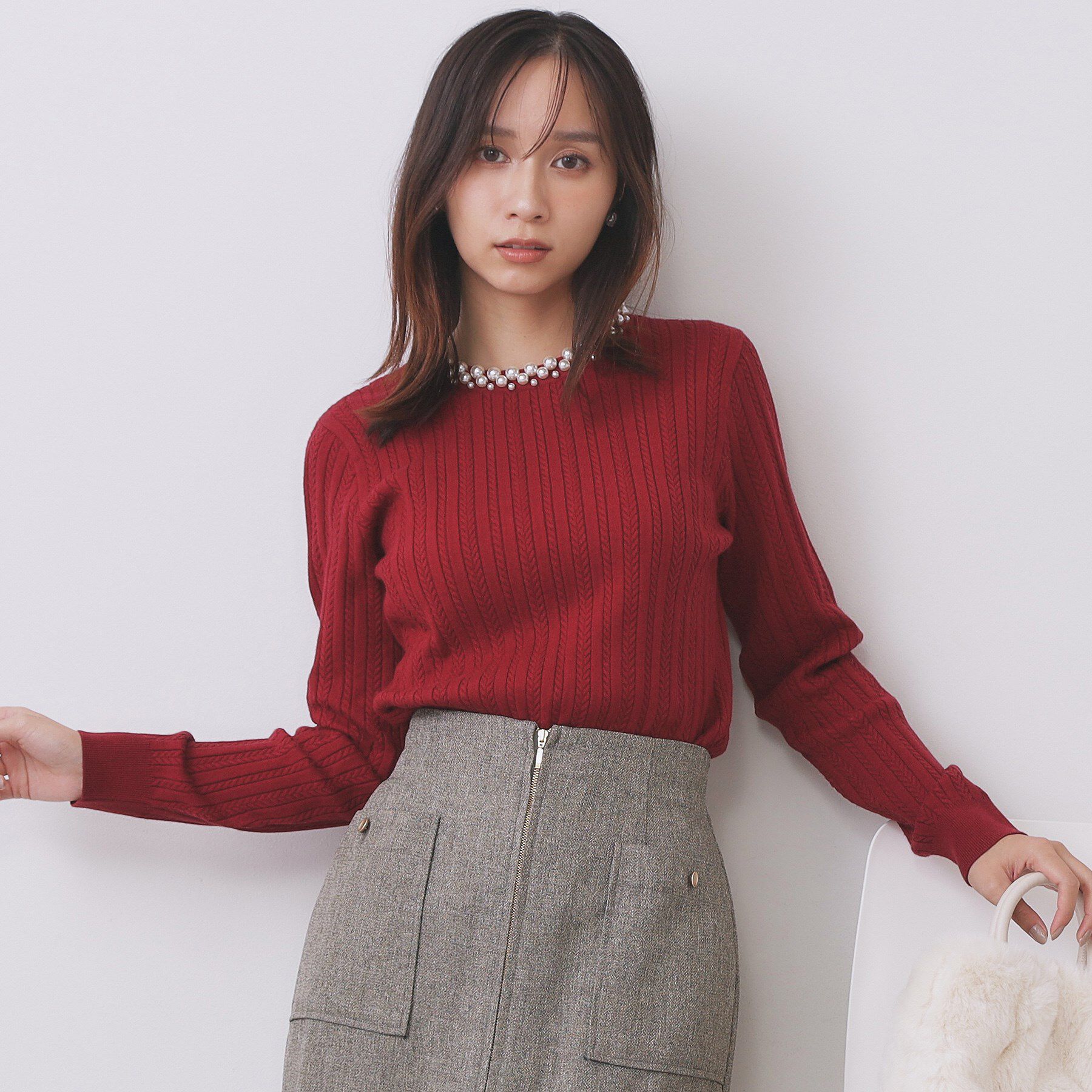 index「パール調ネックケーブルニット【洗濯機OK】」|ニット・セーター|