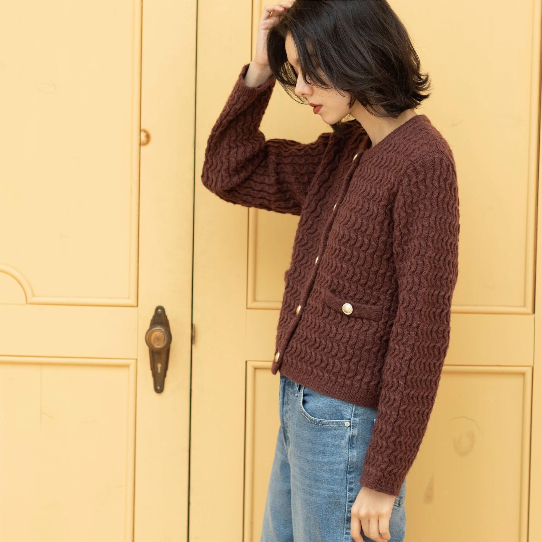 OPAQUE.CLIP「モヘヤタッチケーブル金ボタンカーディガン【洗濯機OK】」|カーディガン|