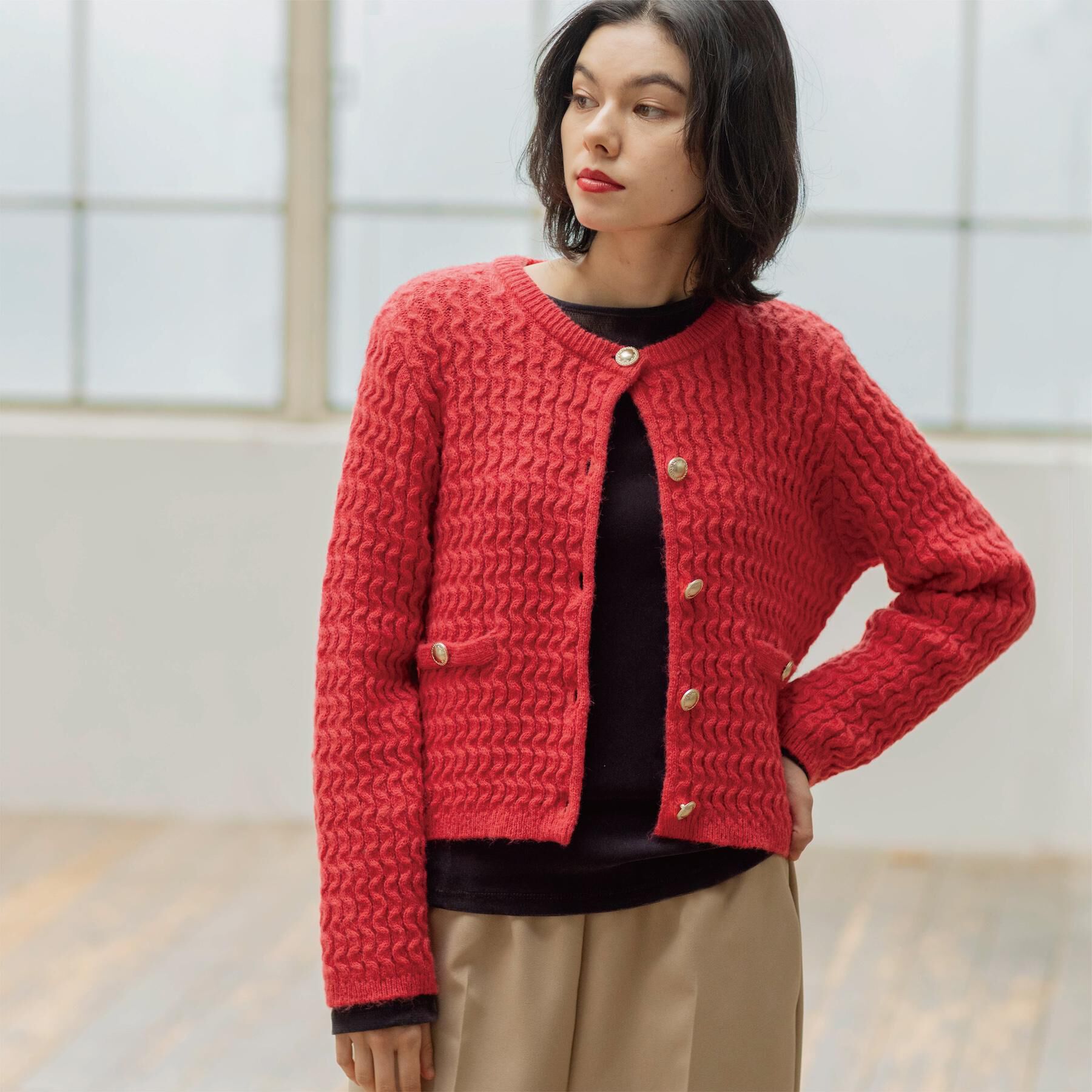 OPAQUE.CLIP「モヘヤタッチケーブル金ボタンカーディガン【洗濯機OK】」|カーディガン|