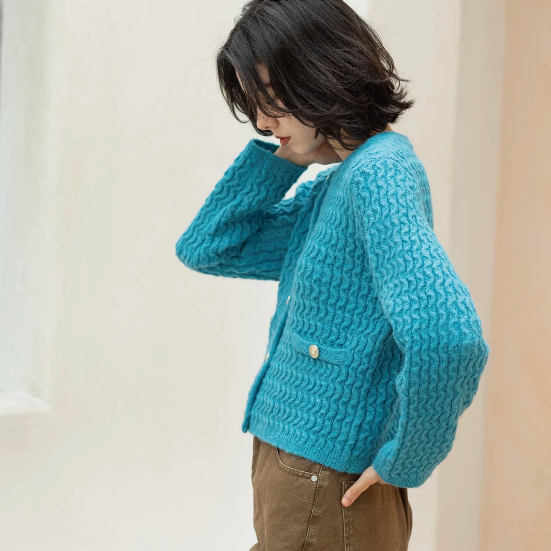 OPAQUE.CLIP「モヘヤタッチケーブル金ボタンカーディガン【洗濯機OK】」|カーディガン|