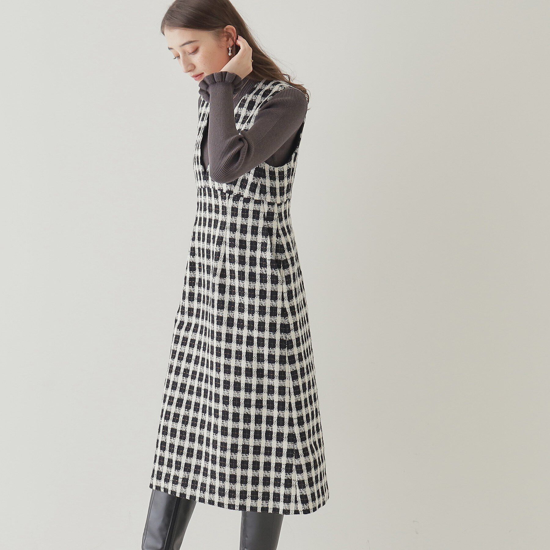 Couture broach「【オトナ女子のキレイめジャンスカ】モールチェックツイードジャンスカ」|ワンピース|