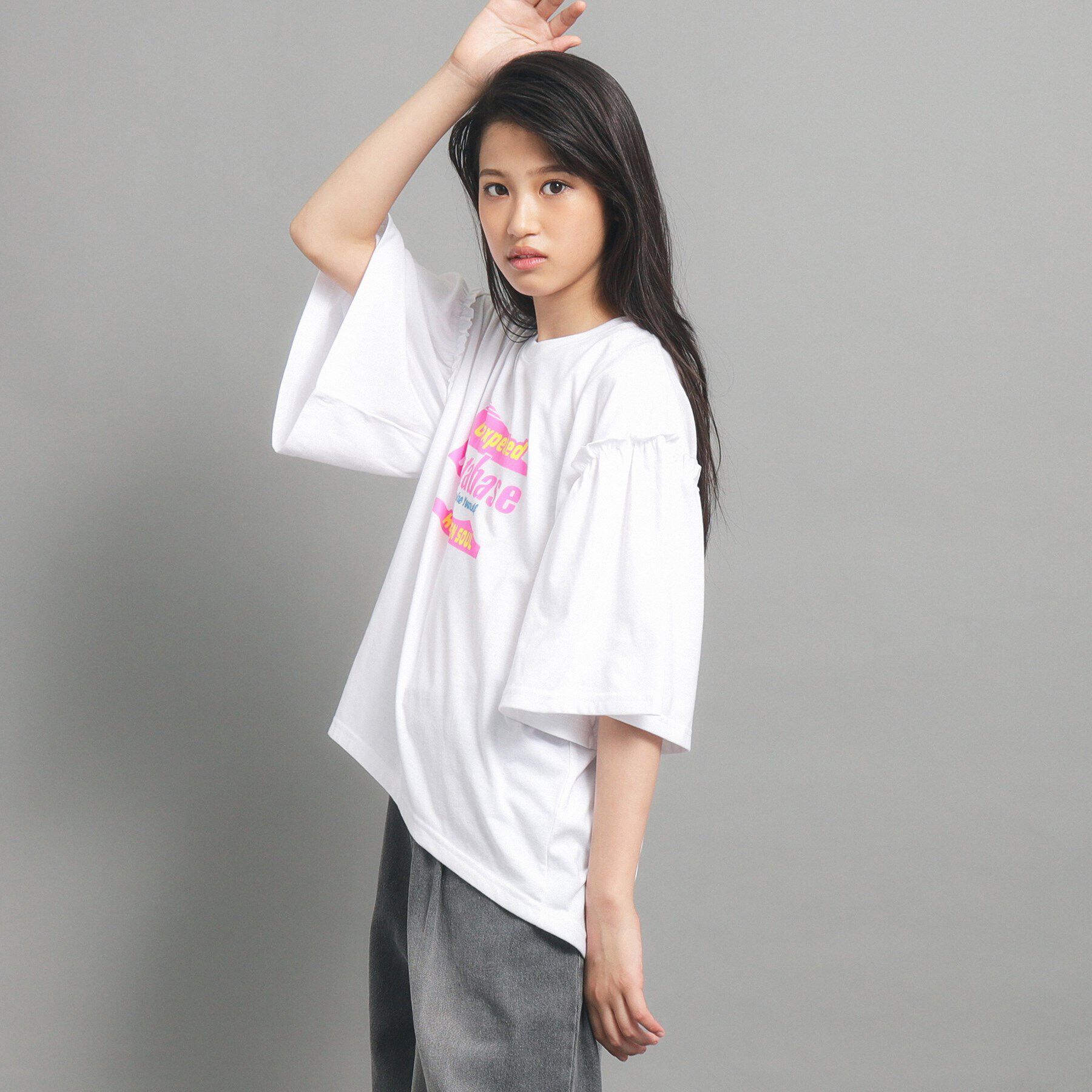 PINK-latte「【130cmあり】ミニフリル付きボリューム袖Tシャツ」|Tシャツ・カットソー|