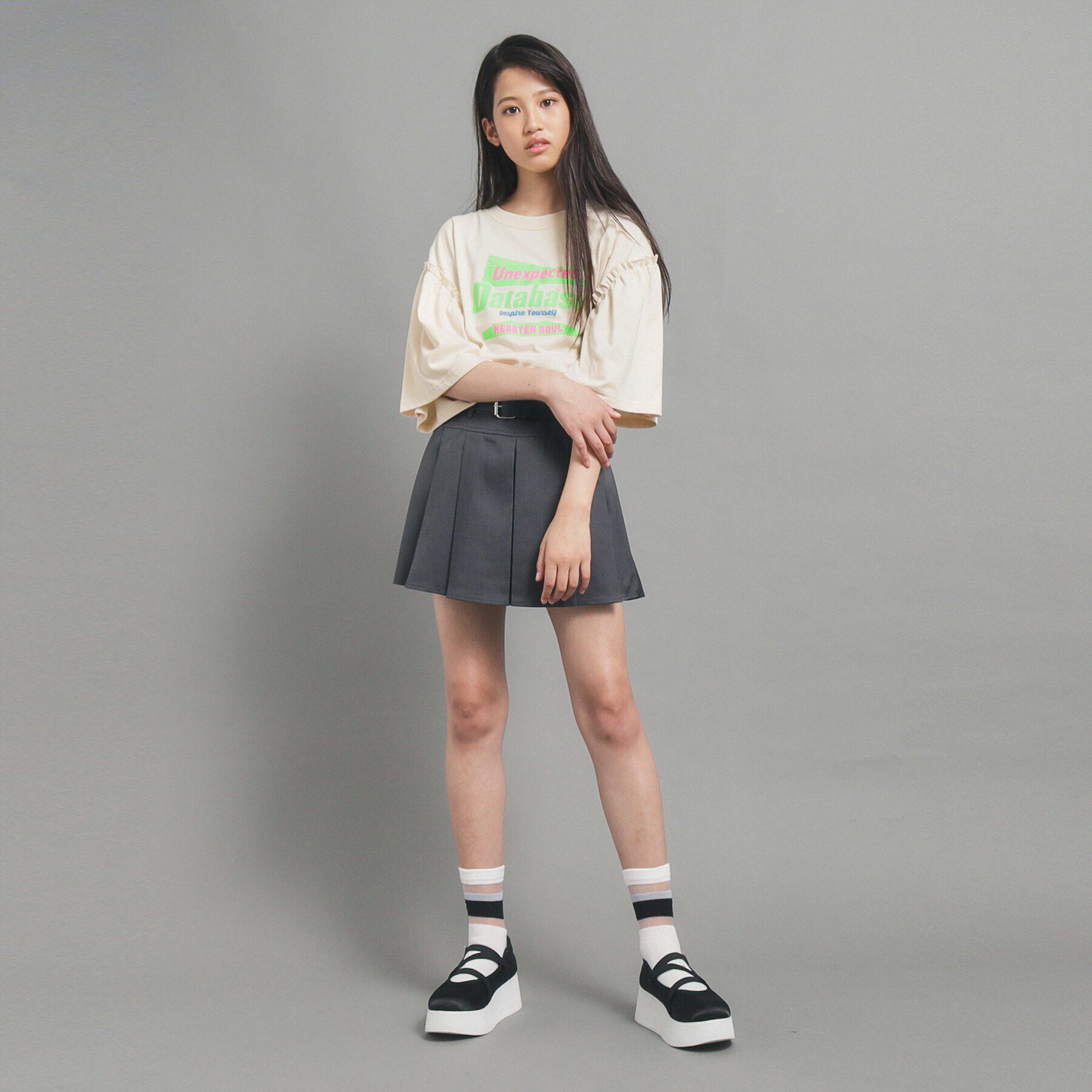 PINK-latte「【130cmあり】ミニフリル付きボリューム袖Tシャツ」|Tシャツ・カットソー|