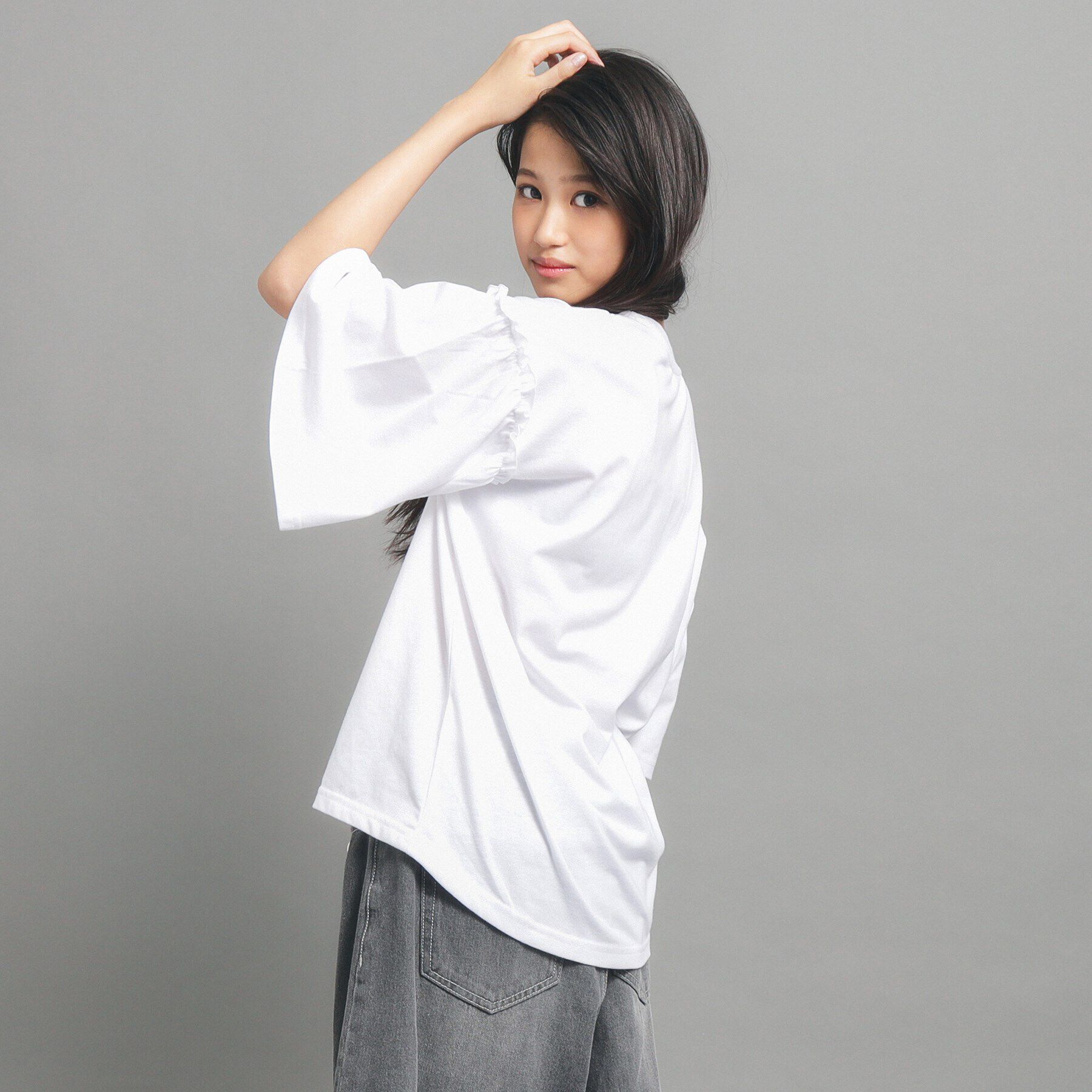 PINK-latte「【130cmあり】ミニフリル付きボリューム袖Tシャツ」|Tシャツ・カットソー|