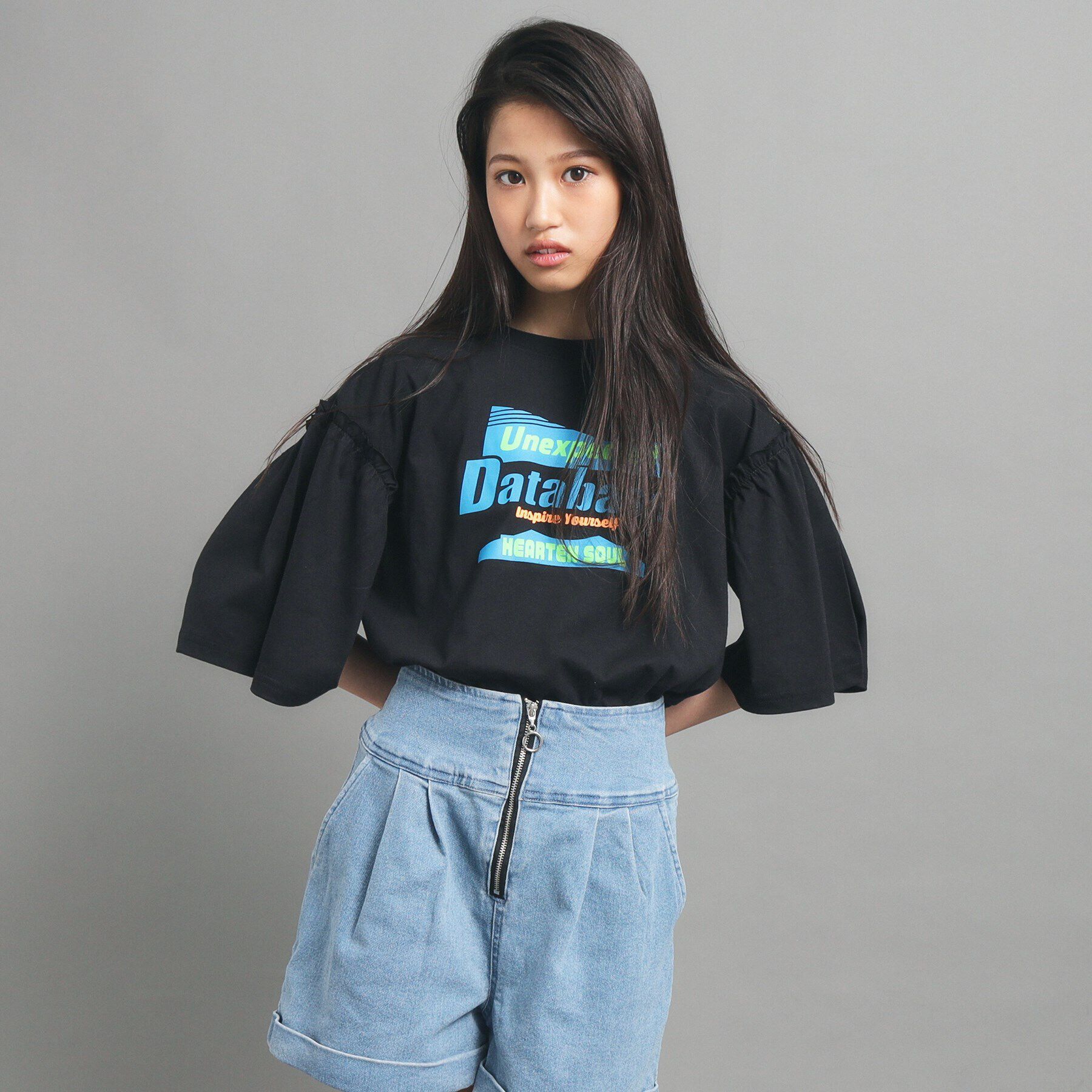 PINK-latte「【130cmあり】ミニフリル付きボリューム袖Tシャツ」|Tシャツ・カットソー|