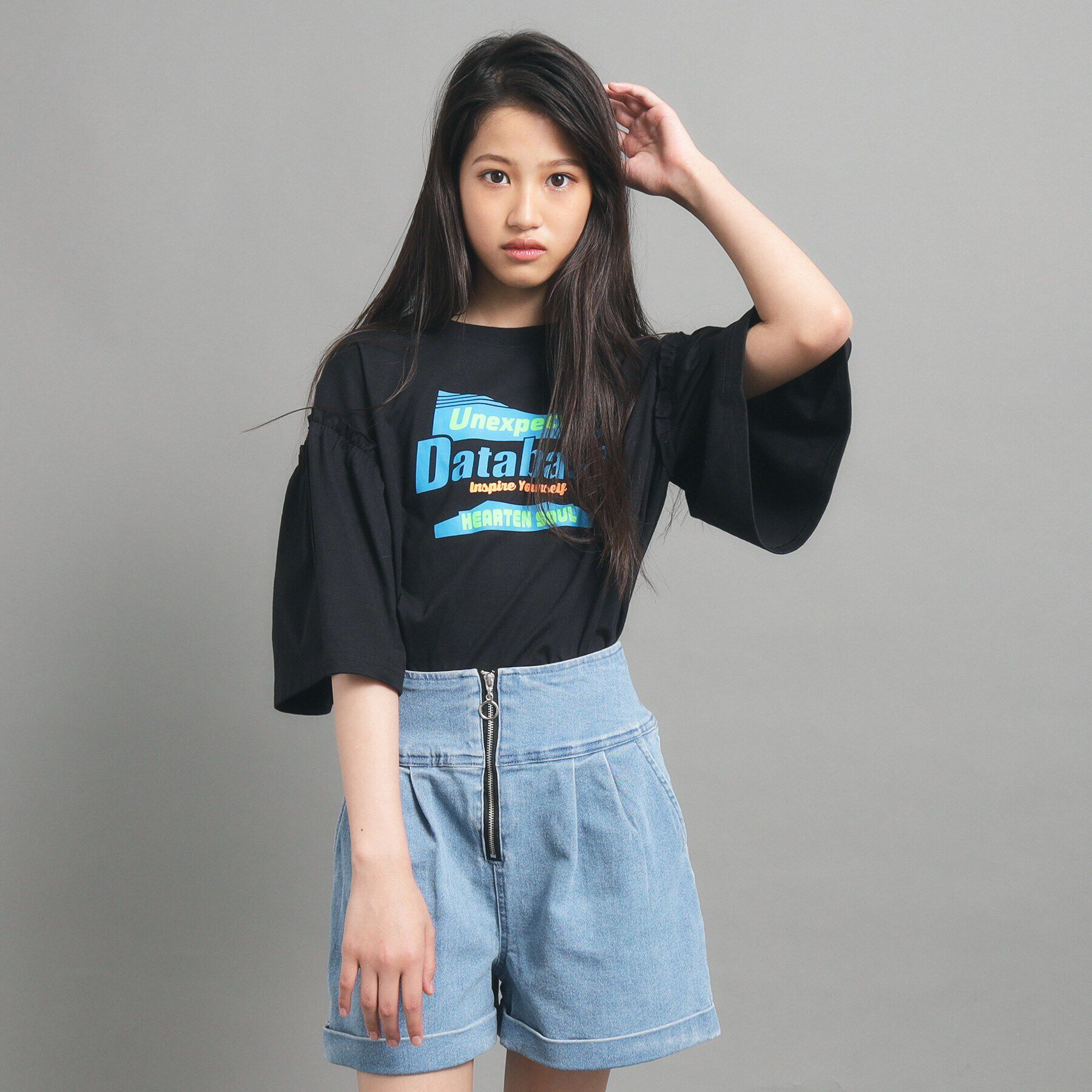 PINK-latte「【130cmあり】ミニフリル付きボリューム袖Tシャツ」|Tシャツ・カットソー|ブラック(019)