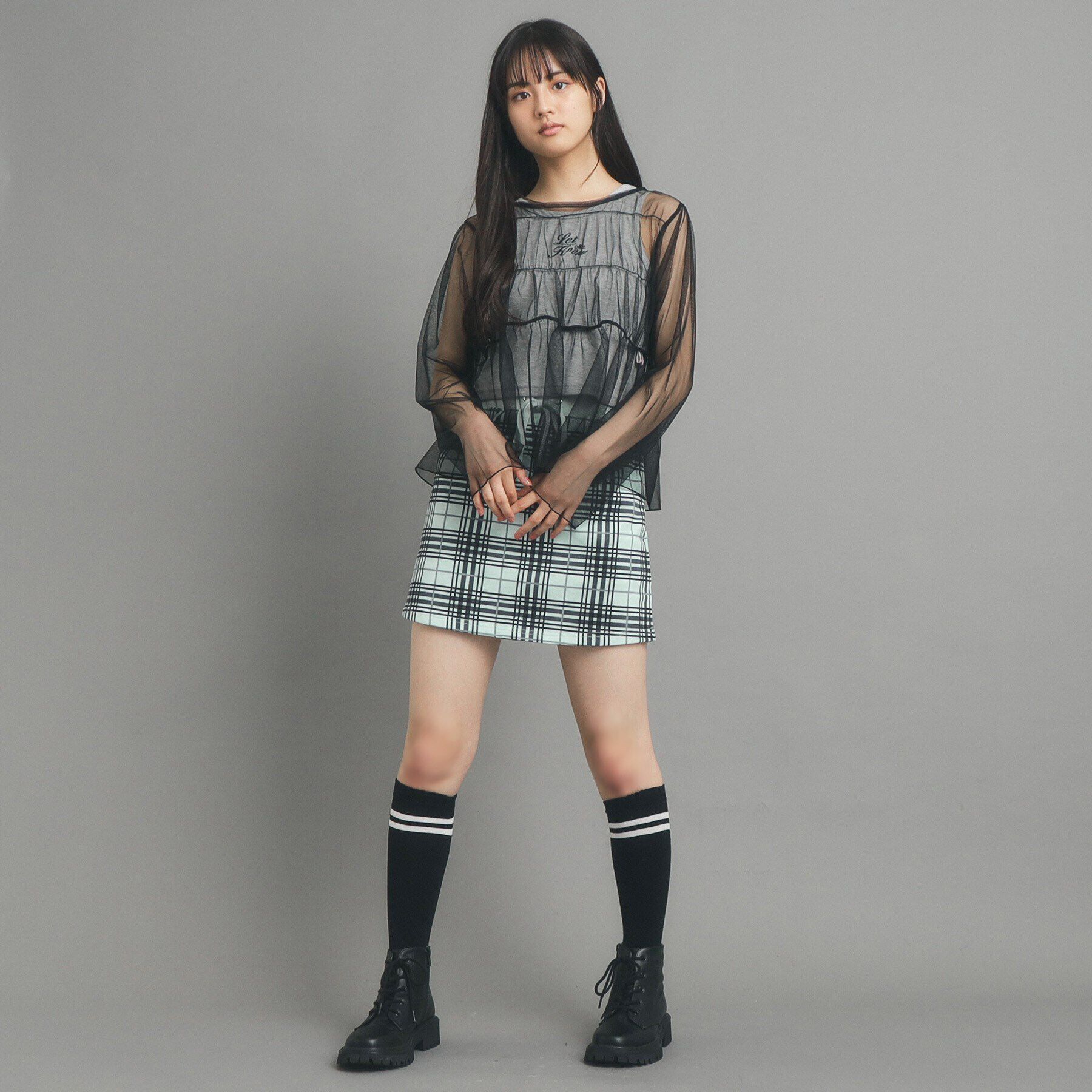 PINK-latte「【130cmあり/インナー付き】チェックミニスカート」|スカート|ブルー(291)