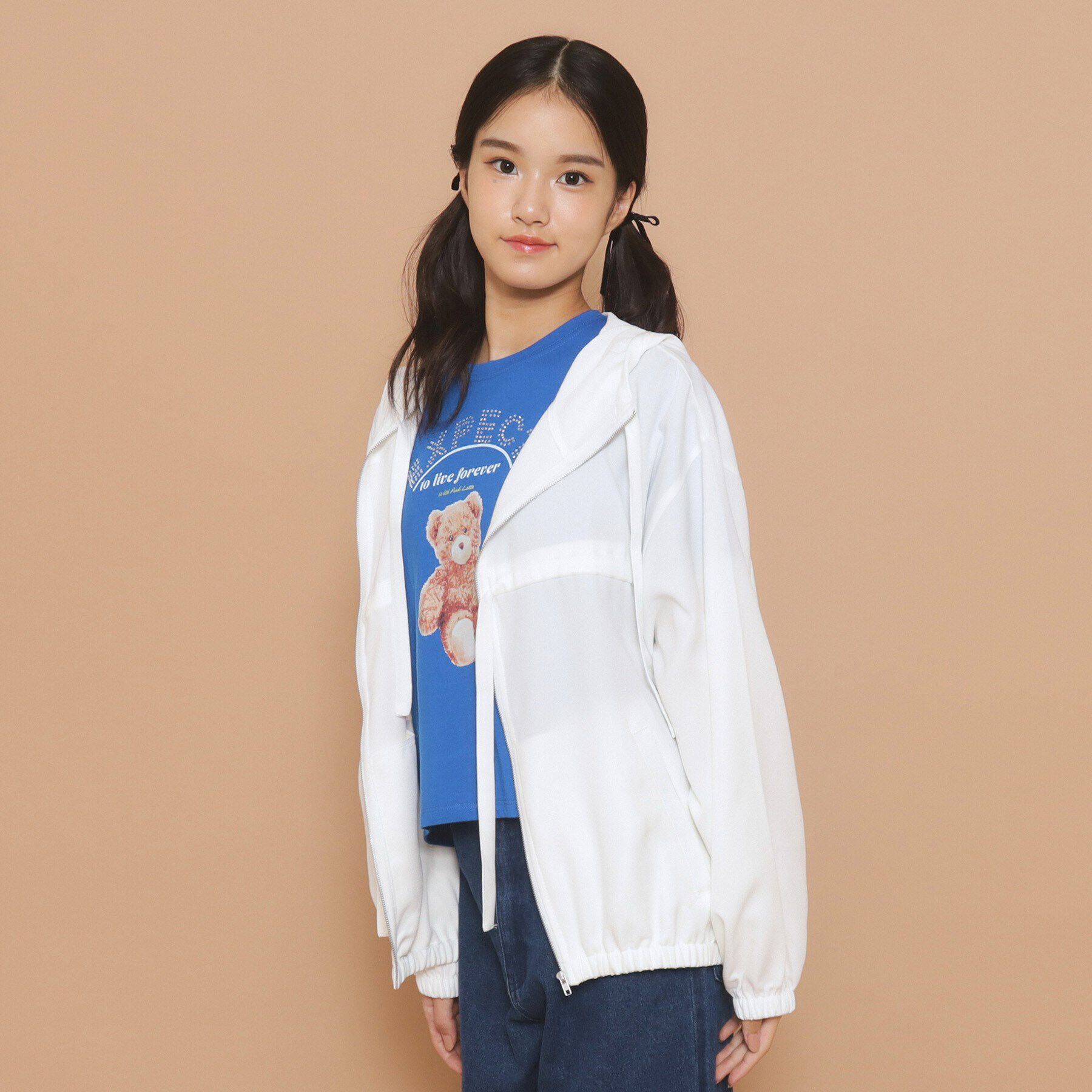 PINK-latte「【130cmあり】フード付き フロントダブルリボンアウター」|ブルゾン・スタジャン|