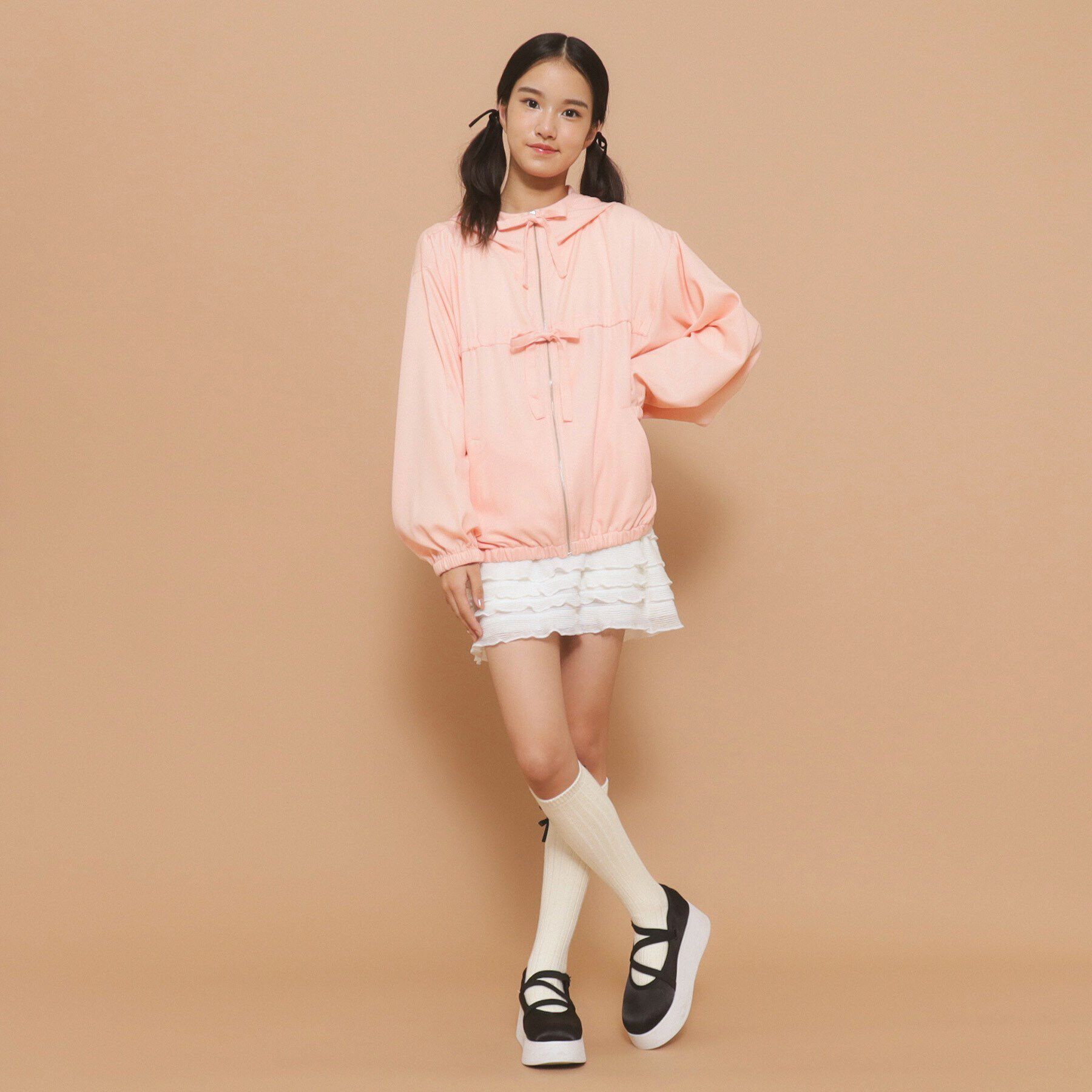 PINK-latte「【130cmあり】フード付き フロントダブルリボンアウター」|ブルゾン・スタジャン|