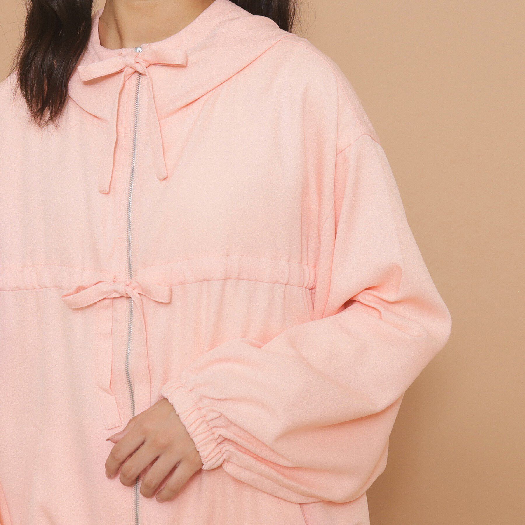 PINK-latte「【130cmあり】フード付き フロントダブルリボンアウター」|ブルゾン・スタジャン|