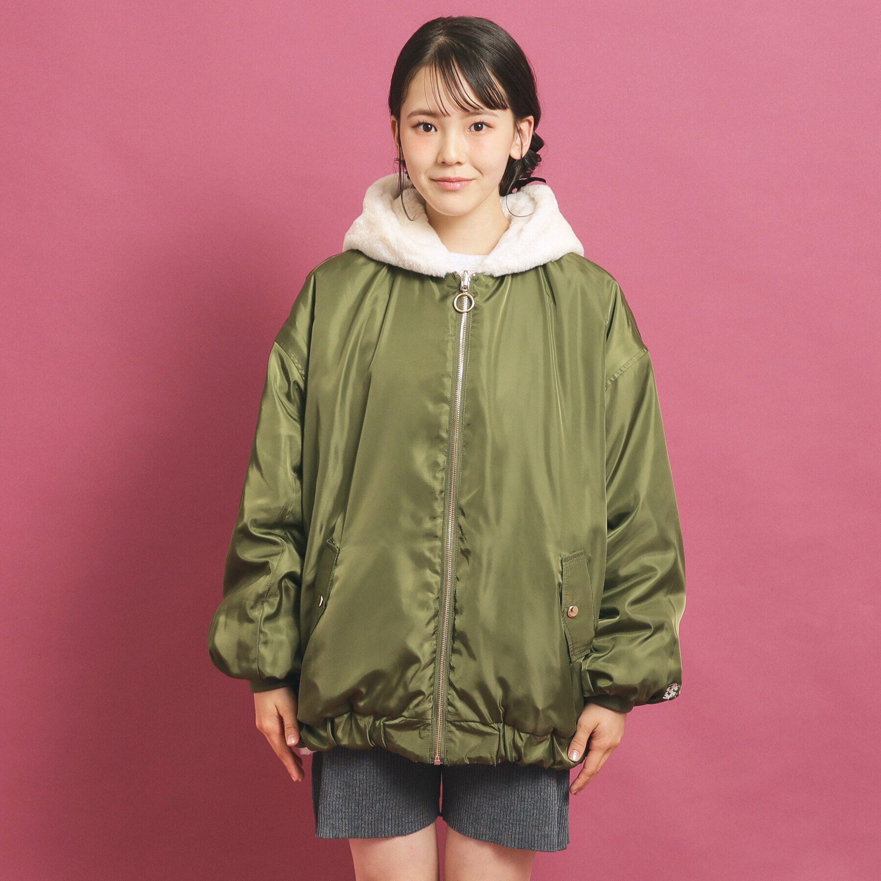 PINK-latte「【フーディ付き】モコモコ リバーシブルエコファー」|ブルゾン・スタジャン|