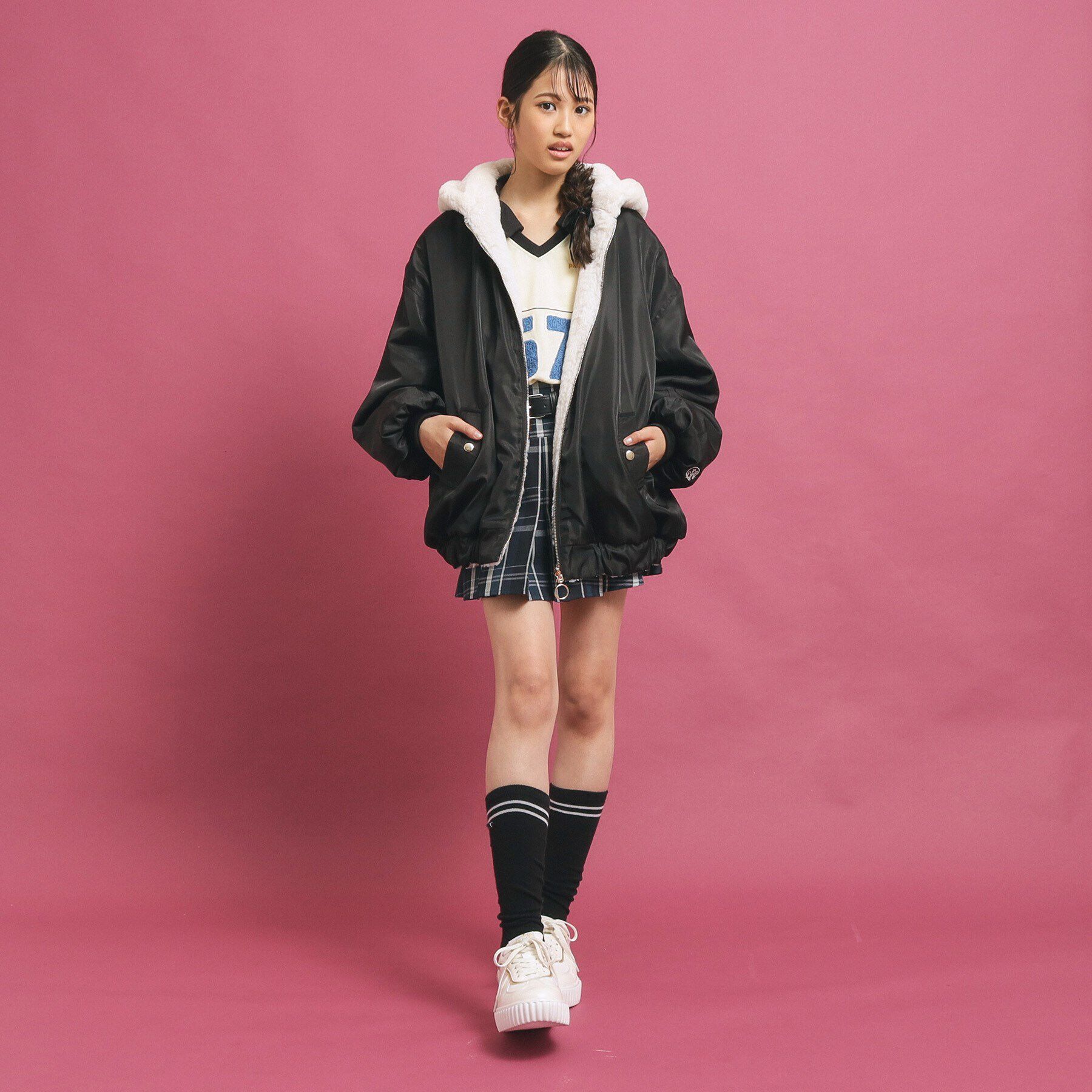 PINK-latte「【フーディ付き】モコモコ リバーシブルエコファー」|ブルゾン・スタジャン|