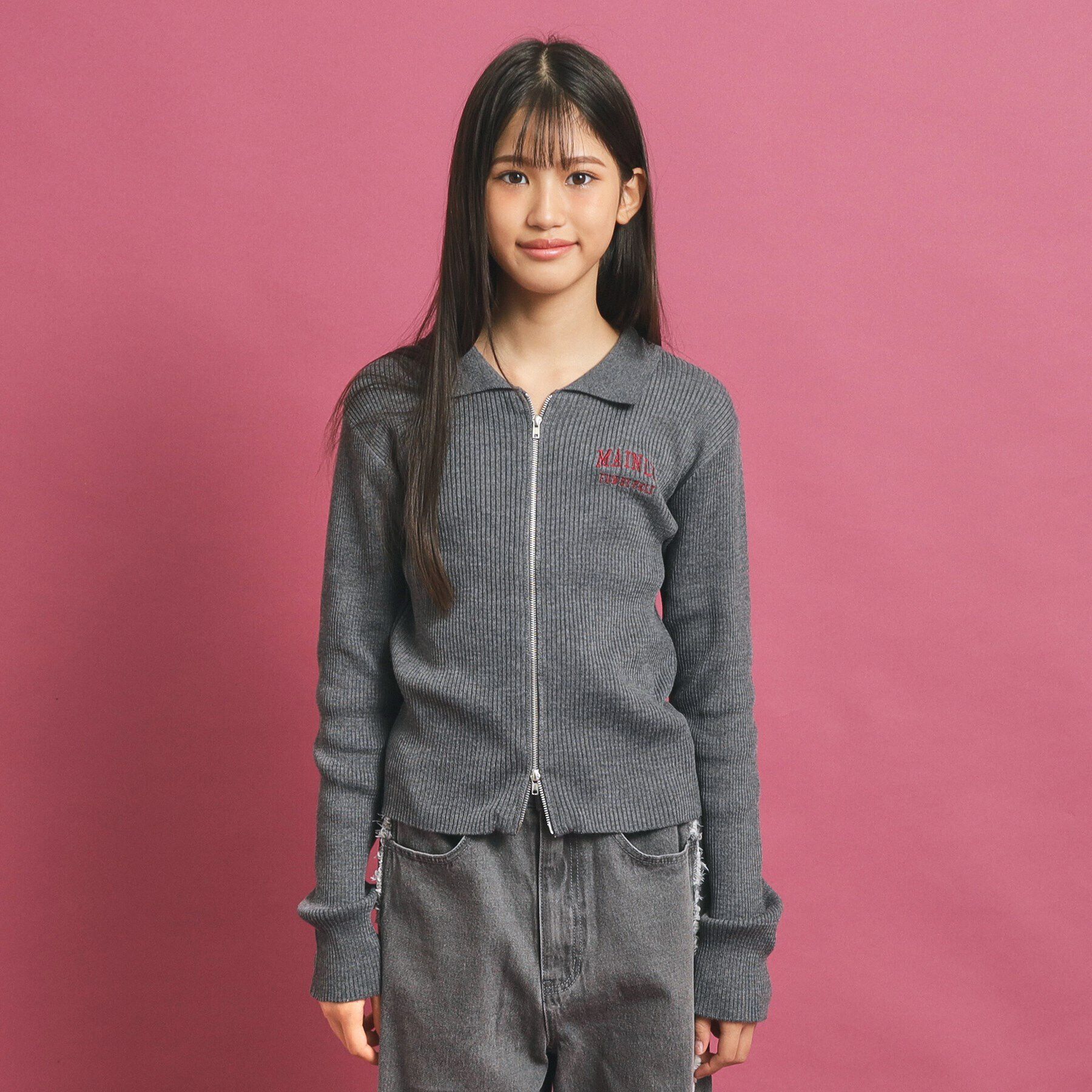 PINK-latte「【セットアップあり】ジップリブニット」|ニット・セーター|チャコールグレー(0
