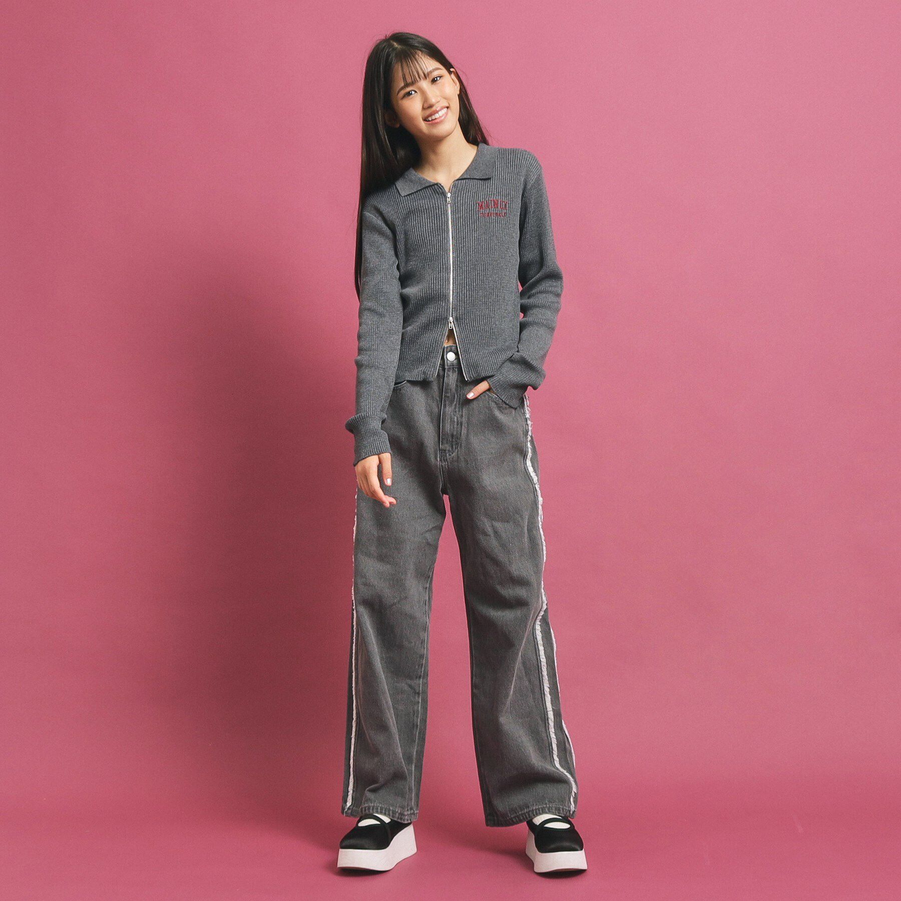 PINK-latte「【セットアップあり】ジップリブニット」|ニット・セーター|