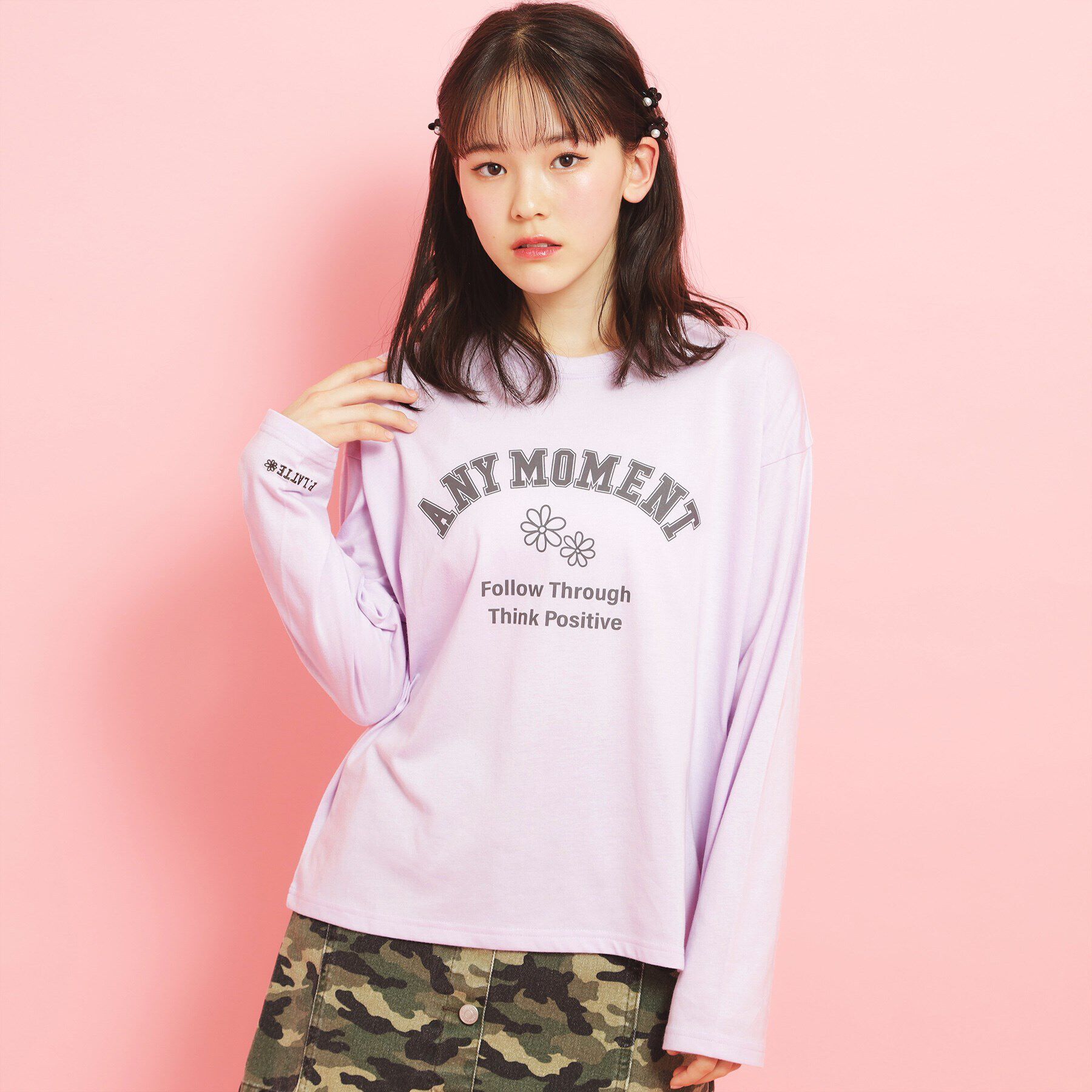 PINK-latte「カレッジフラワーロンT」|Tシャツ・カットソー|