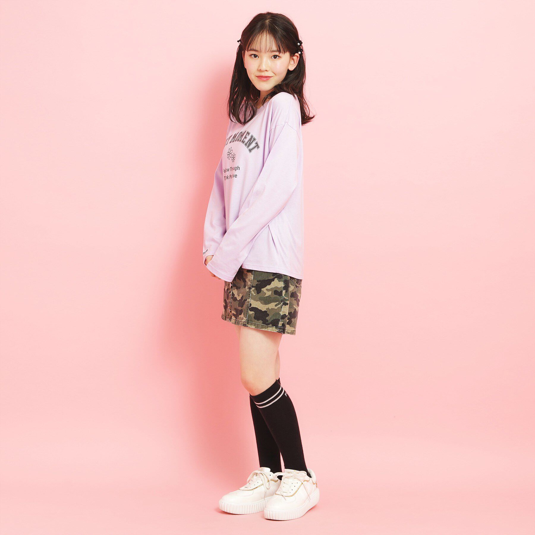 PINK-latte「カレッジフラワーロンT」|Tシャツ・カットソー|