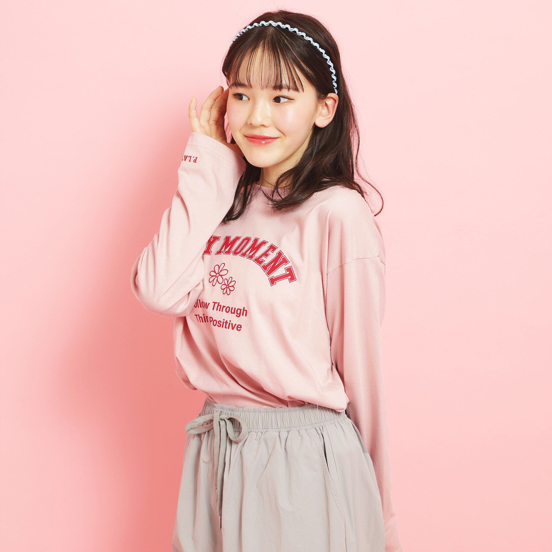 PINK-latte「カレッジフラワーロンT」|Tシャツ・カットソー|ピンク(071)