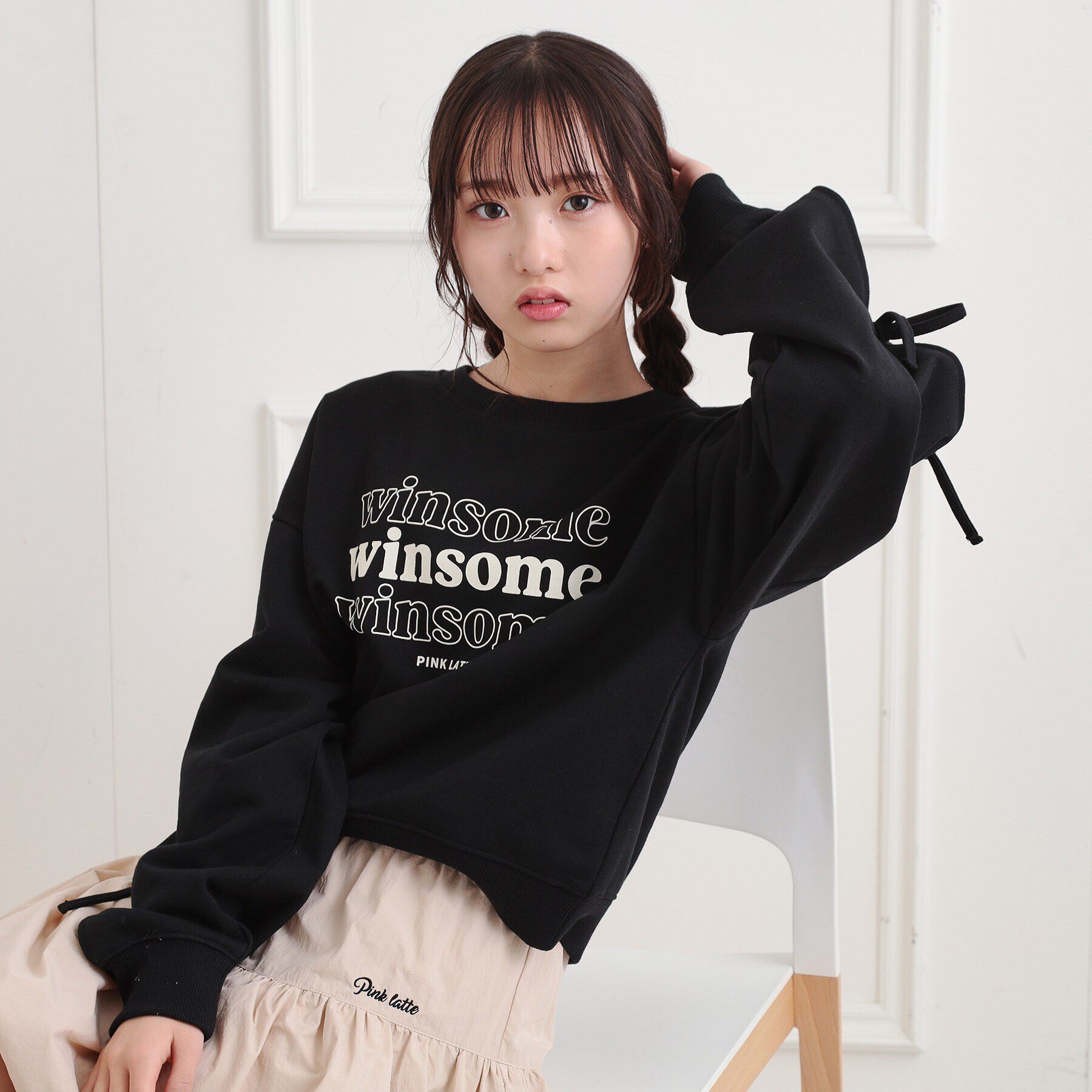 PINK-latte「ミニ裏毛リボンプルオーバー」|Tシャツ・カットソー|ブラック(019)