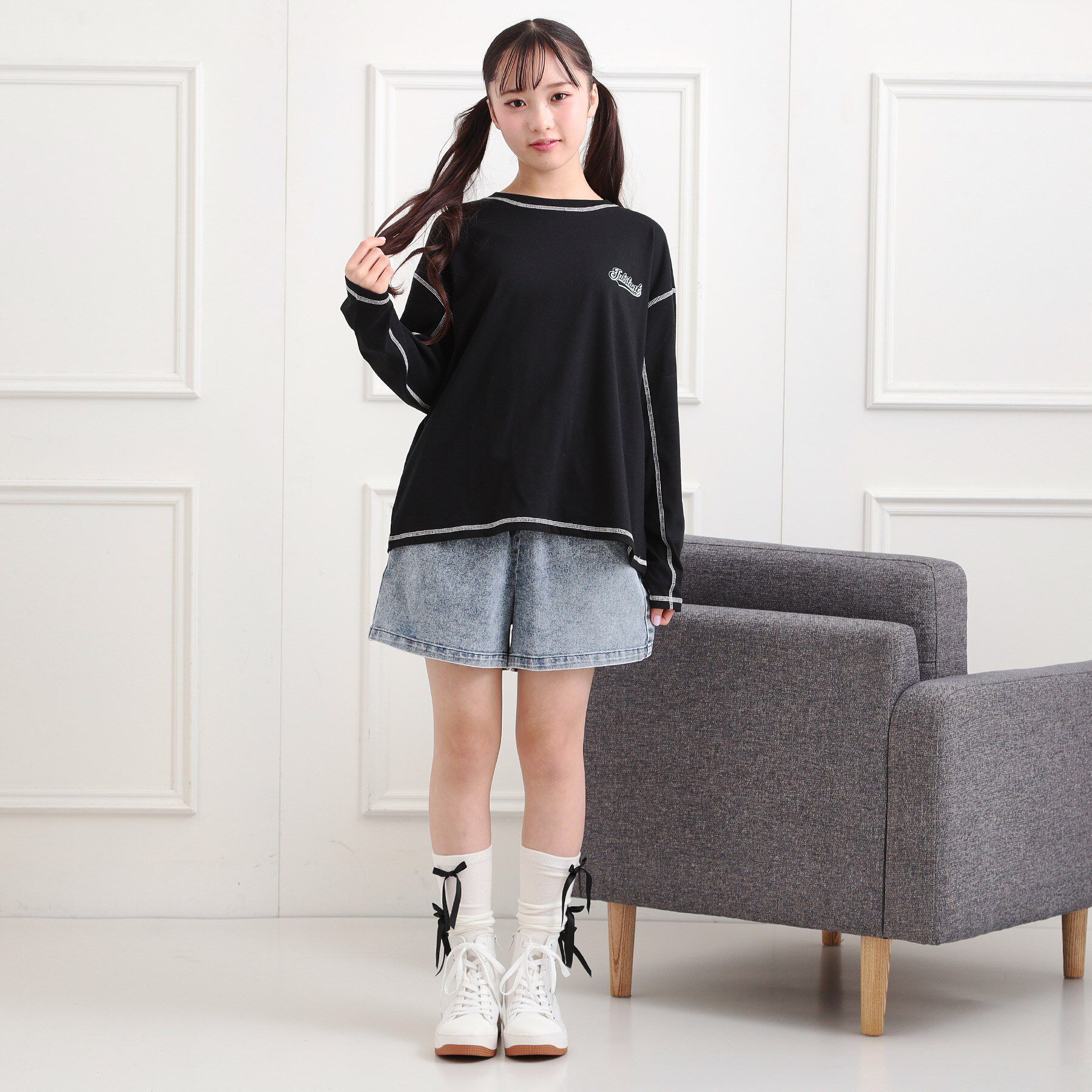 PINK-latte「配色ステッチロンT」|Tシャツ・カットソー|