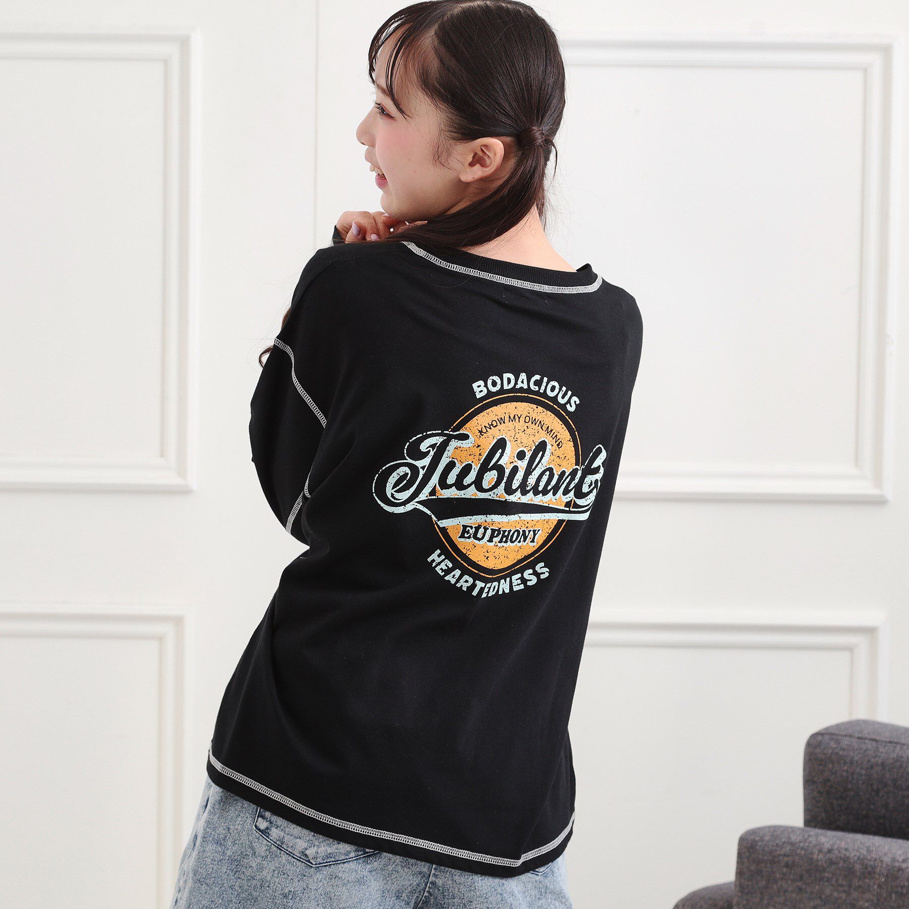 PINK-latte「配色ステッチロンT」|Tシャツ・カットソー|ブラック(019)