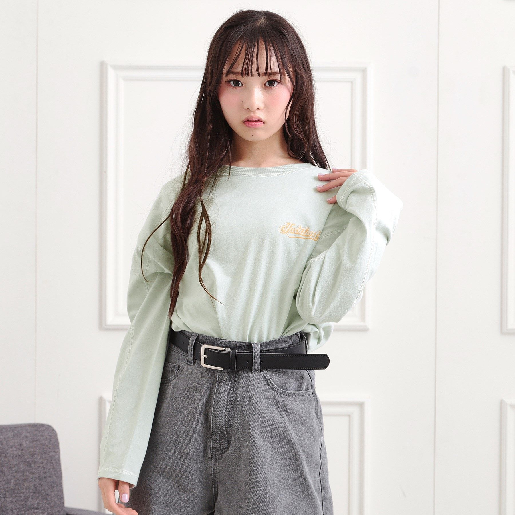 PINK-latte「配色ステッチロンT」|Tシャツ・カットソー|グリーン(023)