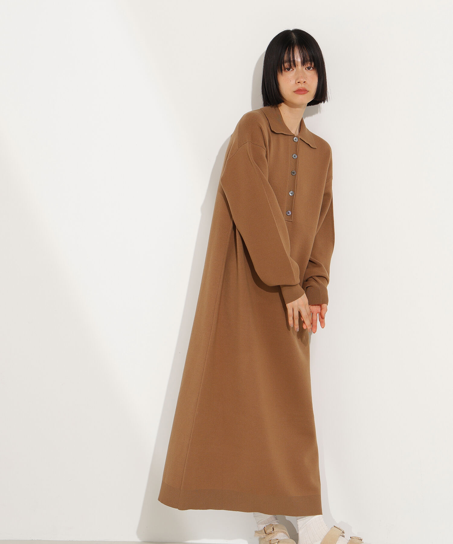  「スキッパーネックニットワンピース」|スカート|キャメル1