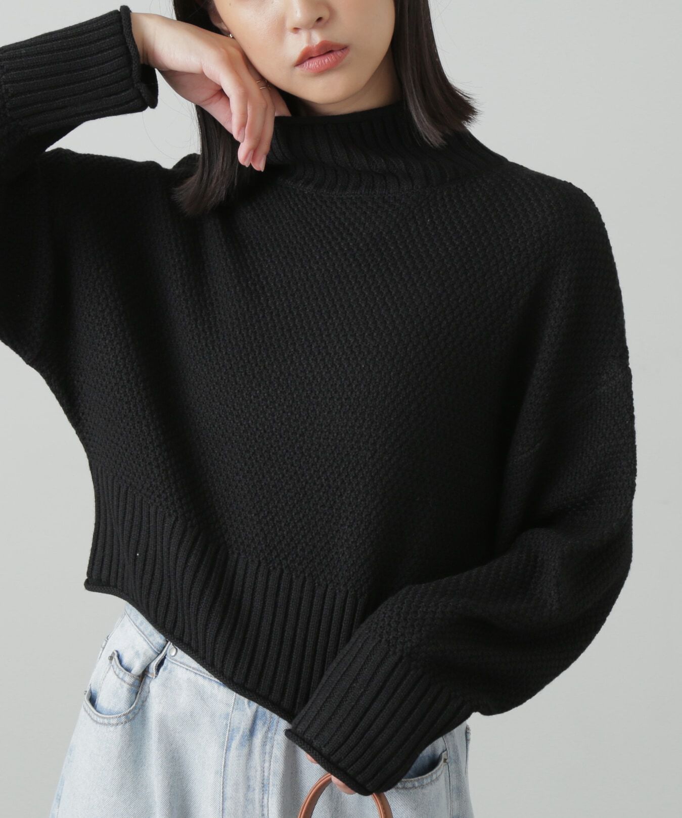  「4者混鹿の子ショート丈タートルネックニット」|ニット・セーター|ブラック