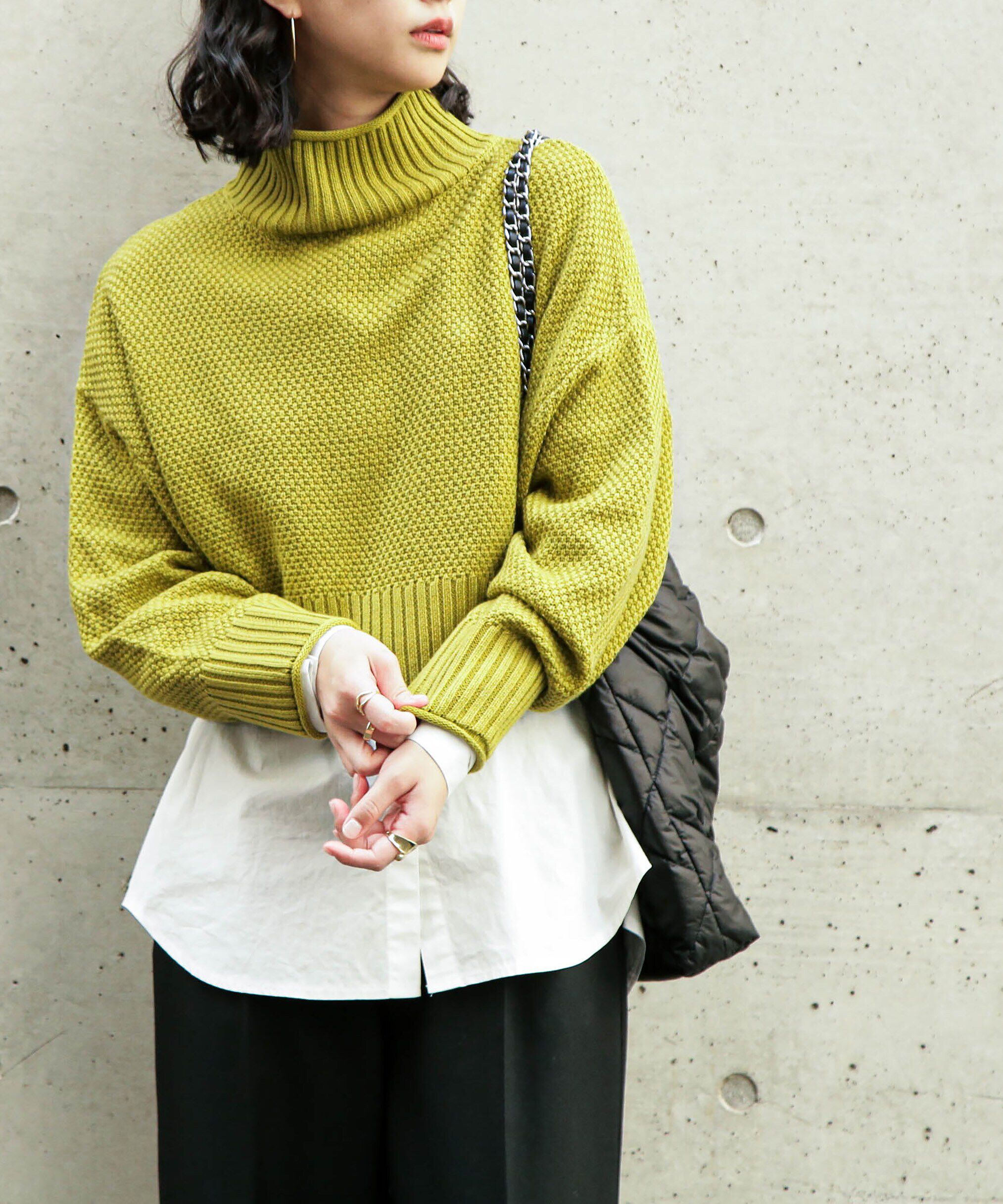  「4者混鹿の子ショート丈タートルネックニット」|ニット・セーター|ライムグリー