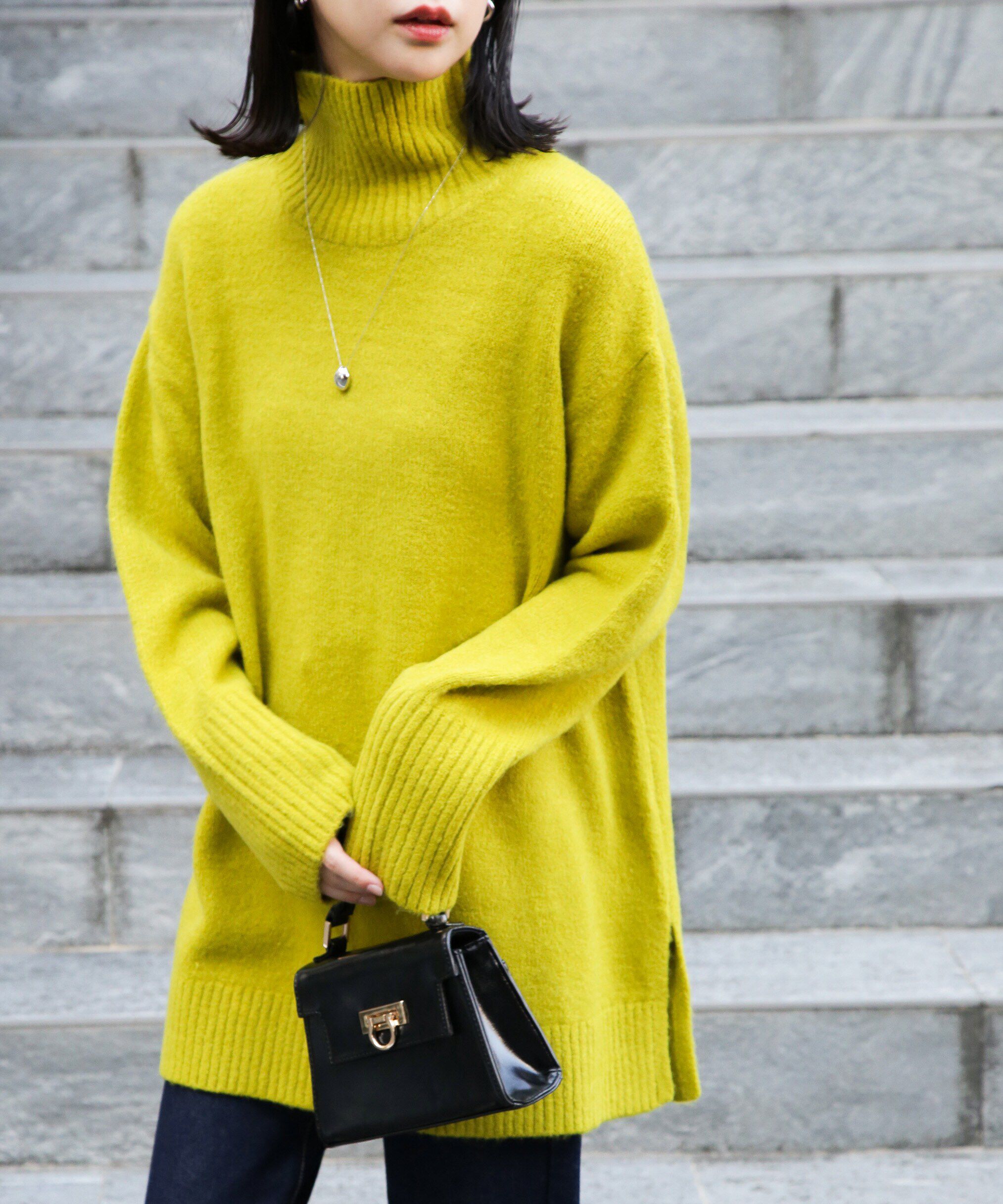  「ブークレハイネックチュニックニット」|ニット・セーター|イエロー