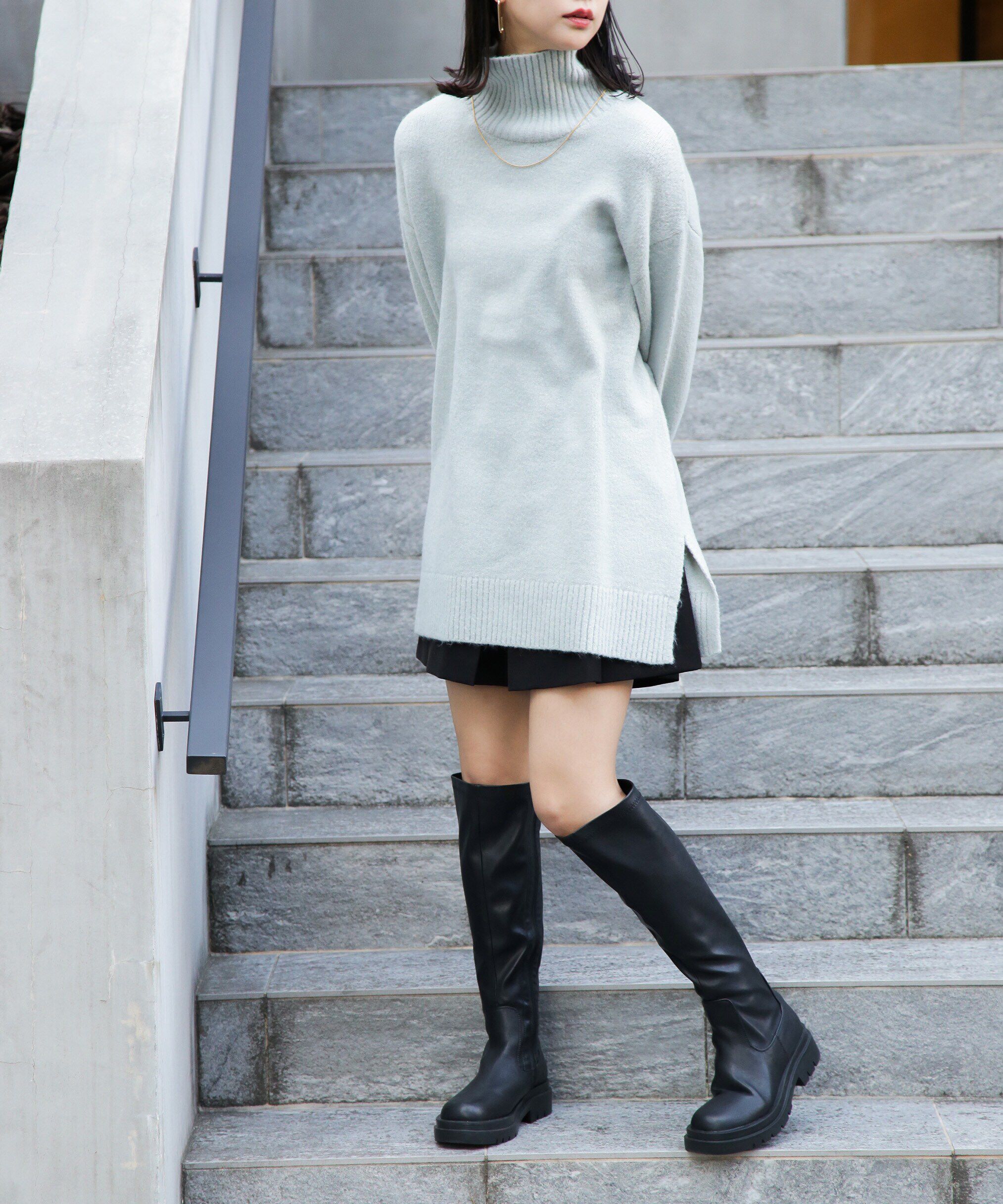  「ブークレハイネックチュニックニット」|ニット・セーター|