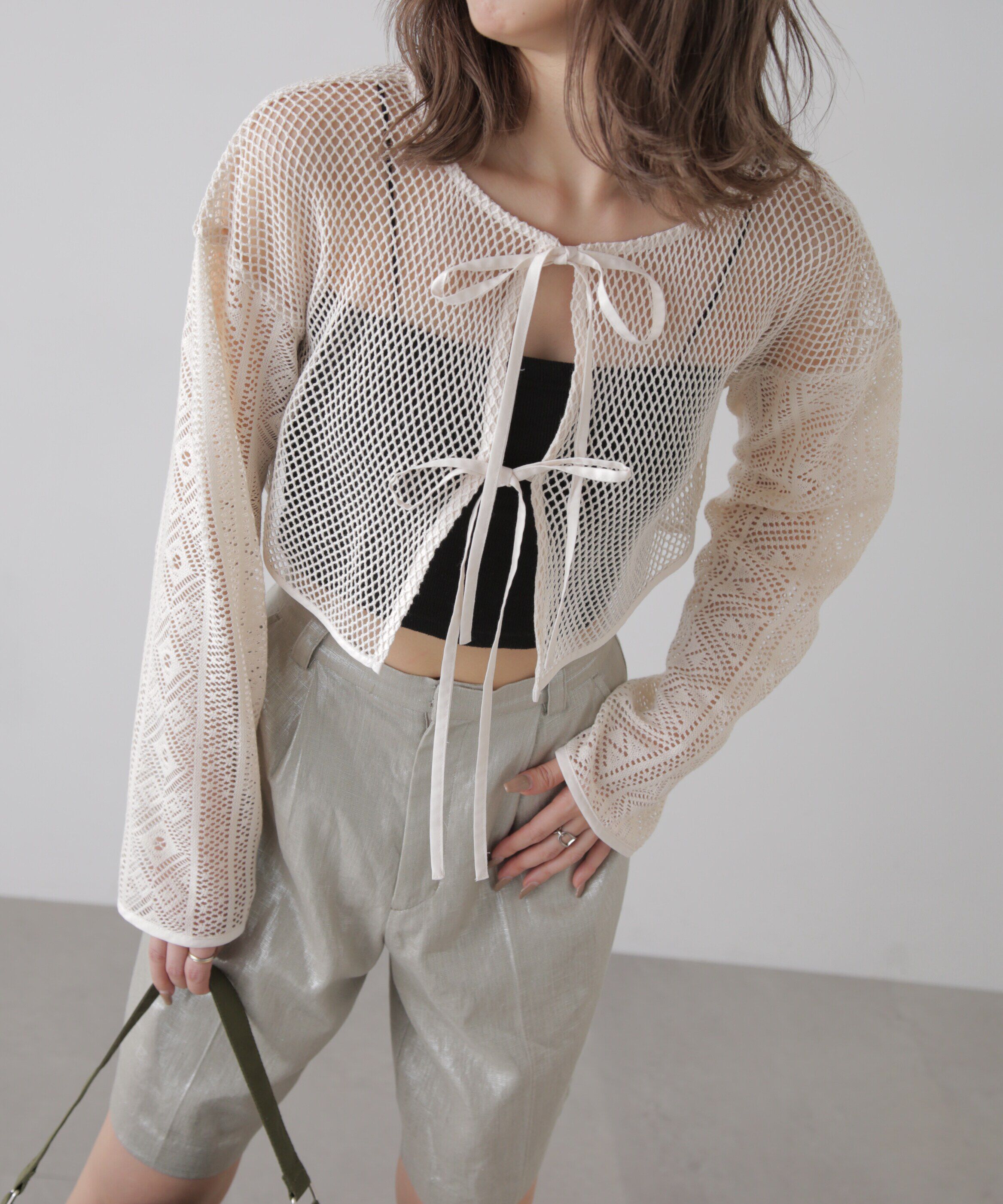  「前後2wayダブルリボンメッシュカーディガン」|シャツ・ブラウス|