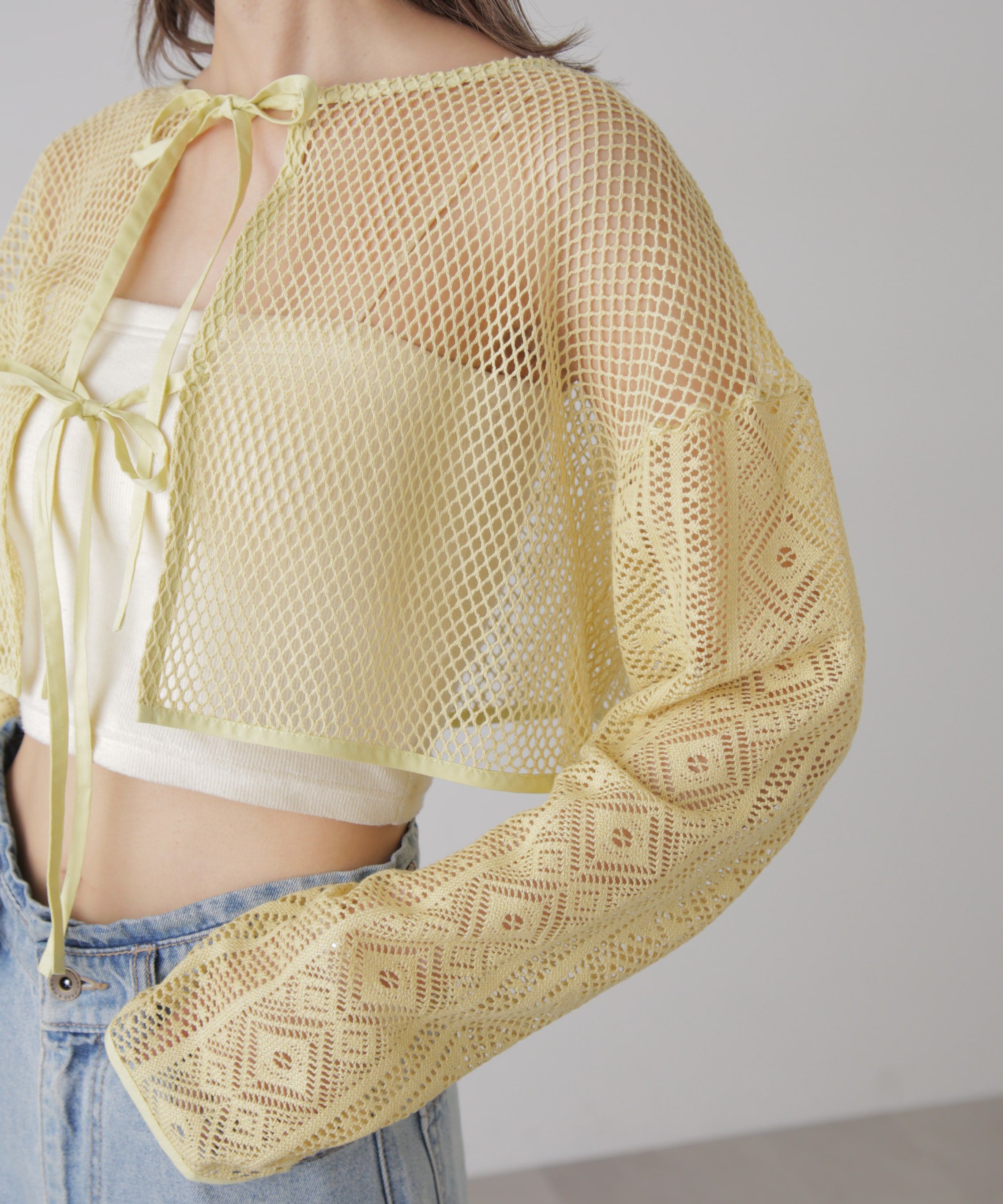  「前後2wayダブルリボンメッシュカーディガン」|シャツ・ブラウス|