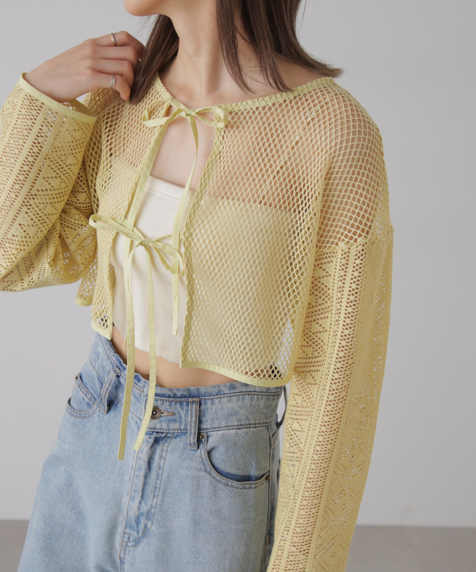  「前後2wayダブルリボンメッシュカーディガン」|シャツ・ブラウス|