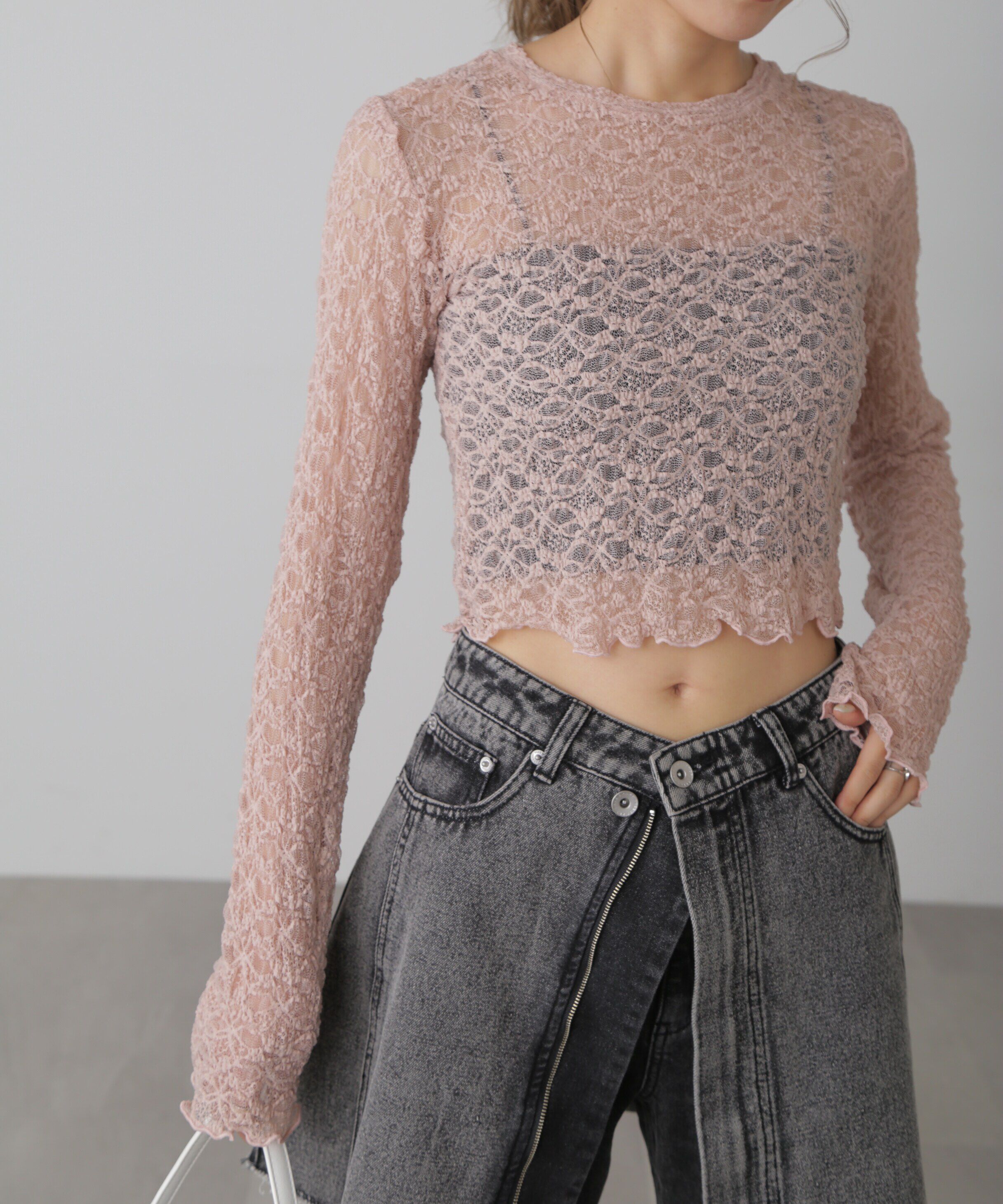  「ショート丈レーストップス」|Tシャツ・カットソー|ピンク