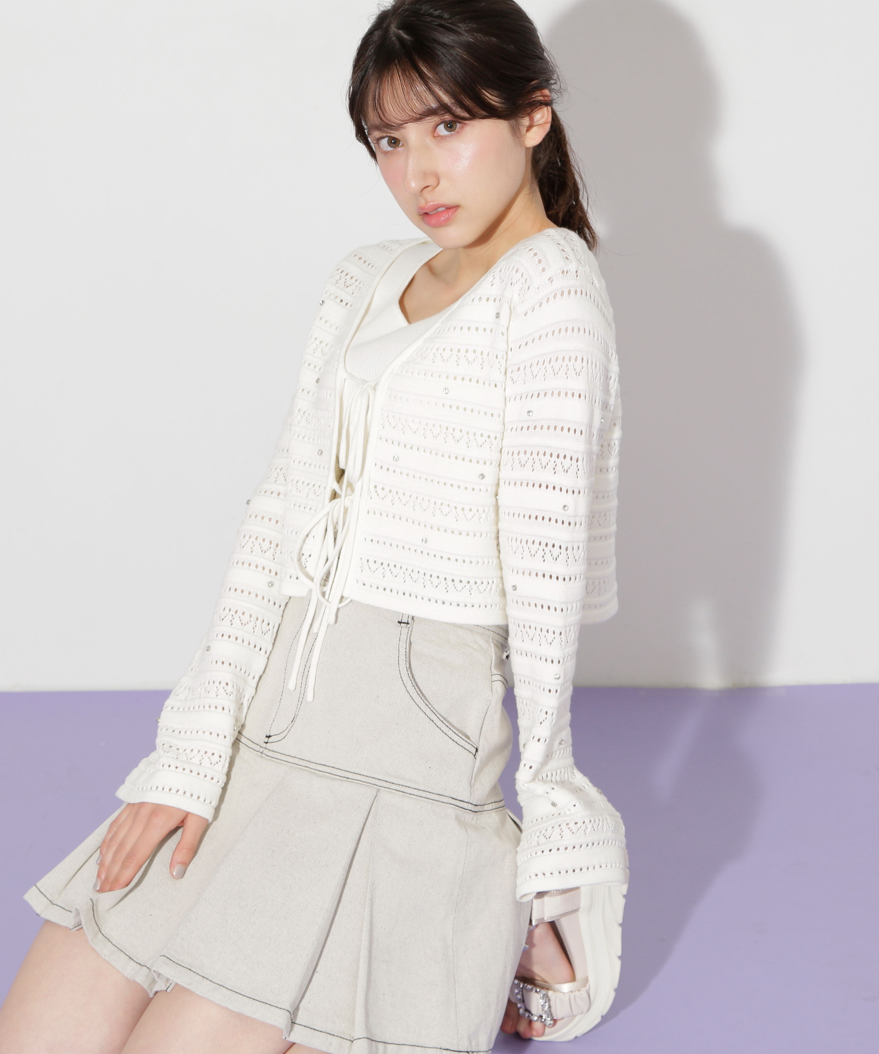  「ビジュー付きカギ編みアンサンブル」|ニット・セーター|